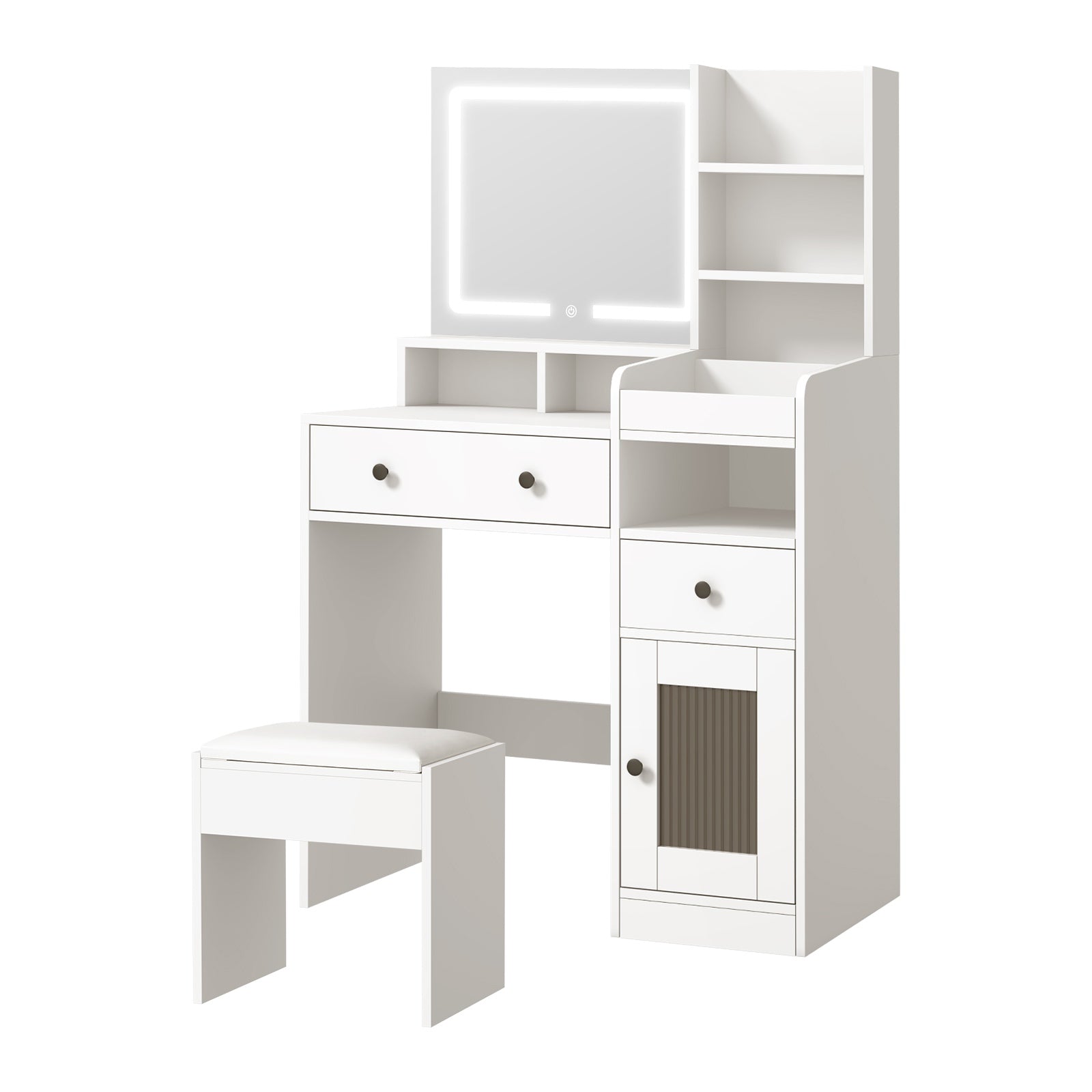 Oikiture Dressing Table Stool Set Makeup Mirror LED Light Vanity Desk White - Sunyee