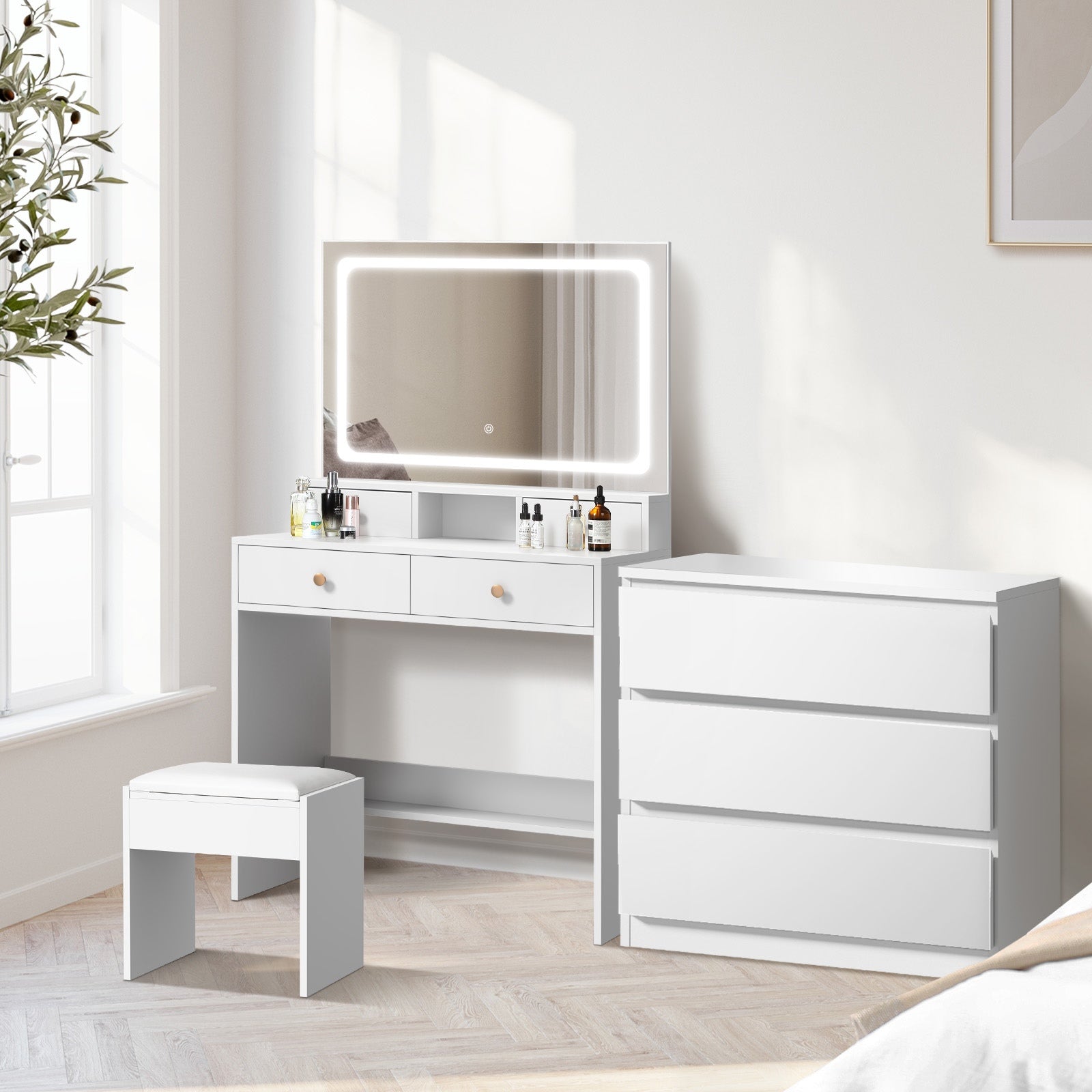 Oikiture Dressing Table Stool Set LED Makeup Mirror Vanity Desk 7 Drawers White - Sunyee