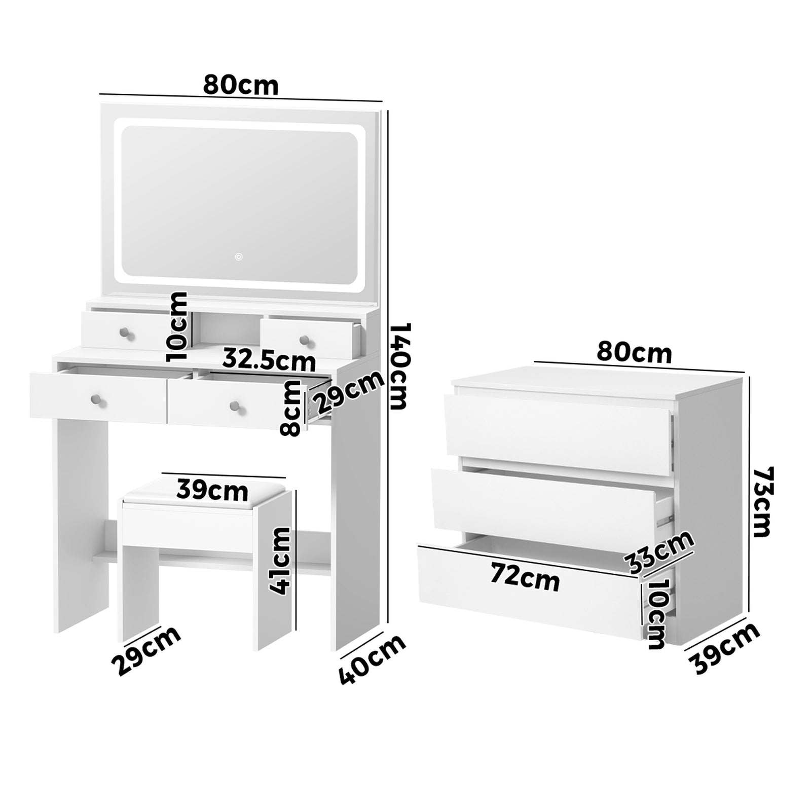 Oikiture Dressing Table Stool Set LED Makeup Mirror Vanity Desk 7 Drawers White - Sunyee
