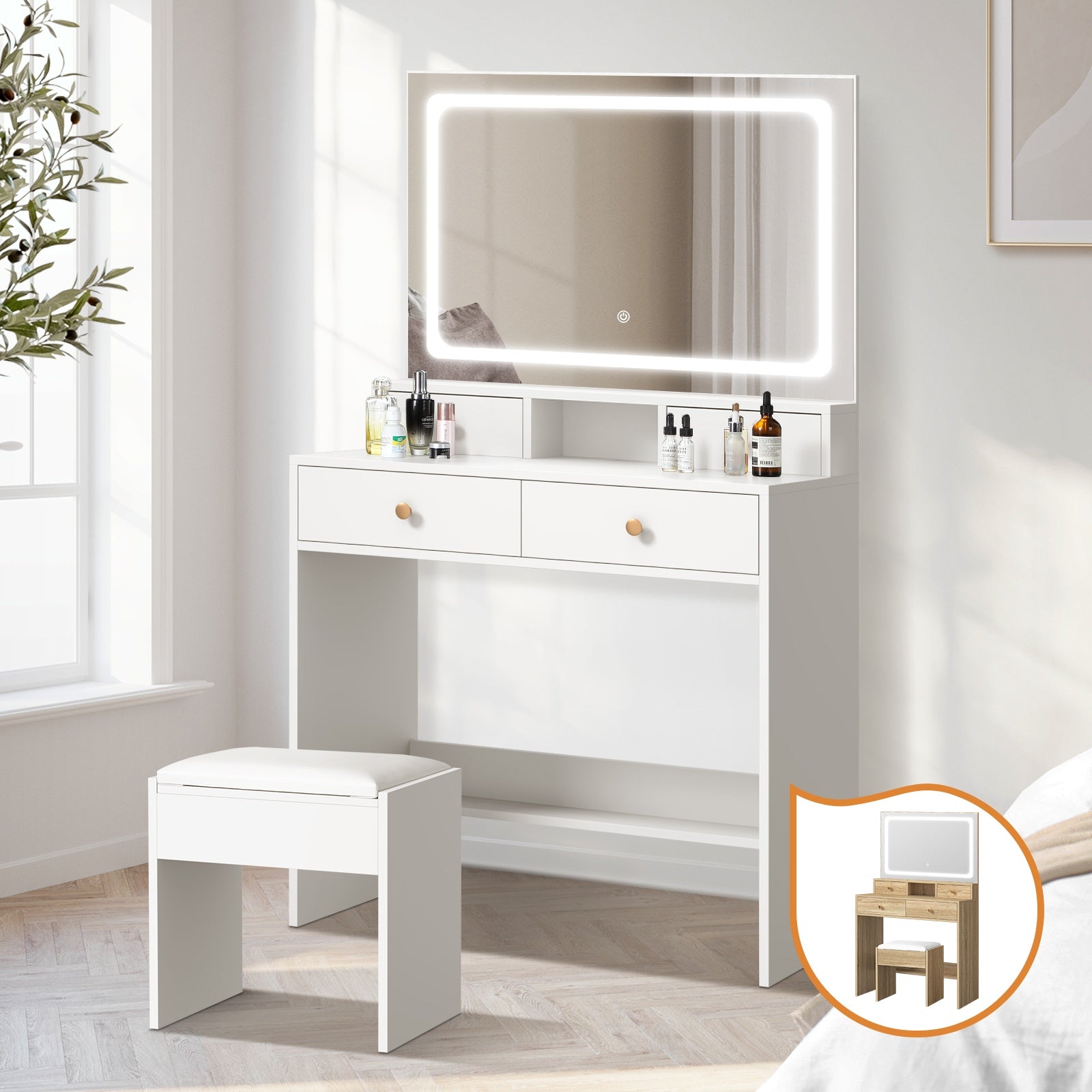Oikiture Dressing Table Stool Set LED Mirror Vanity Desk with Drawers - Sunyee