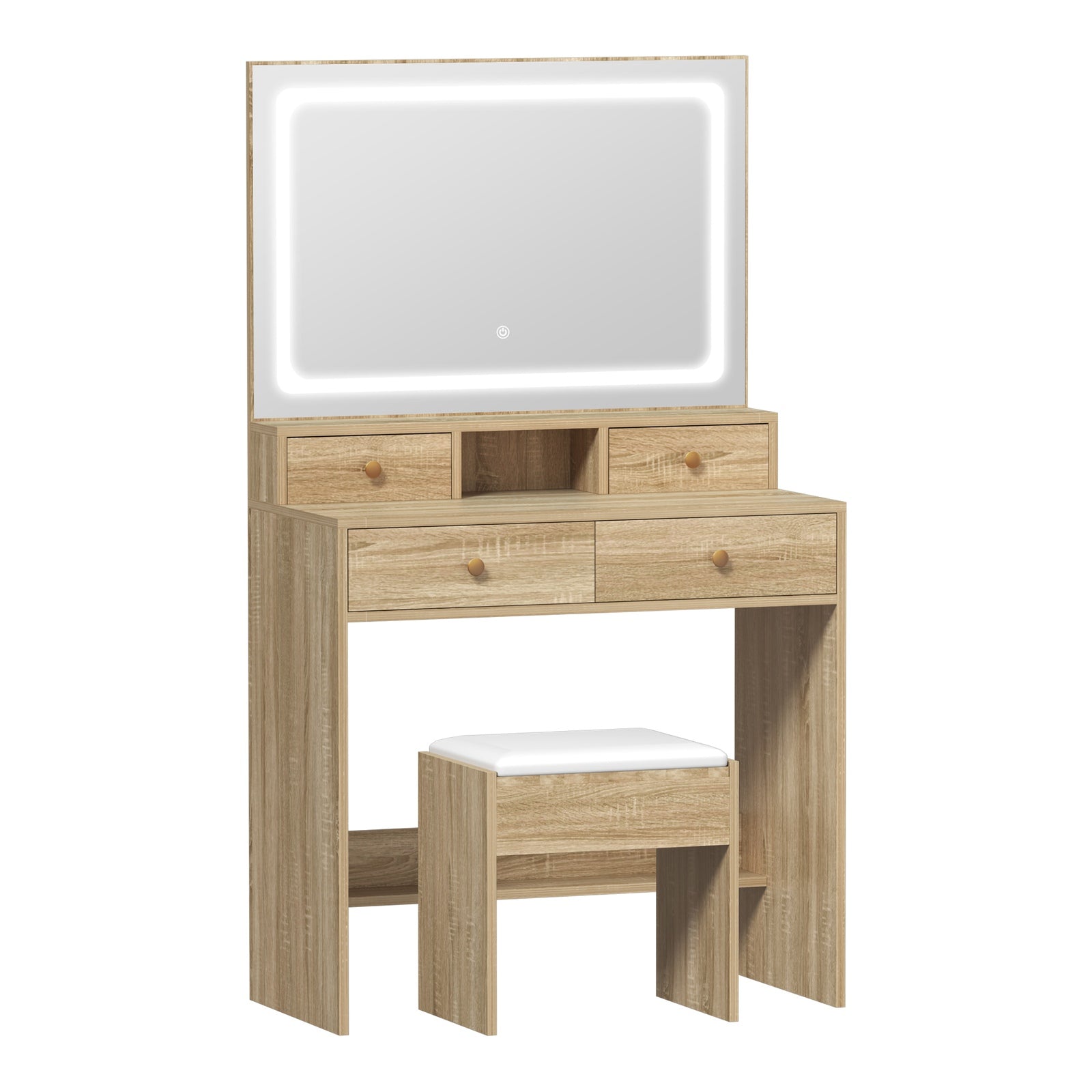 Oikiture Dressing Table Stool Set LED Mirror Vanity Desk with Drawers Natural - Sunyee