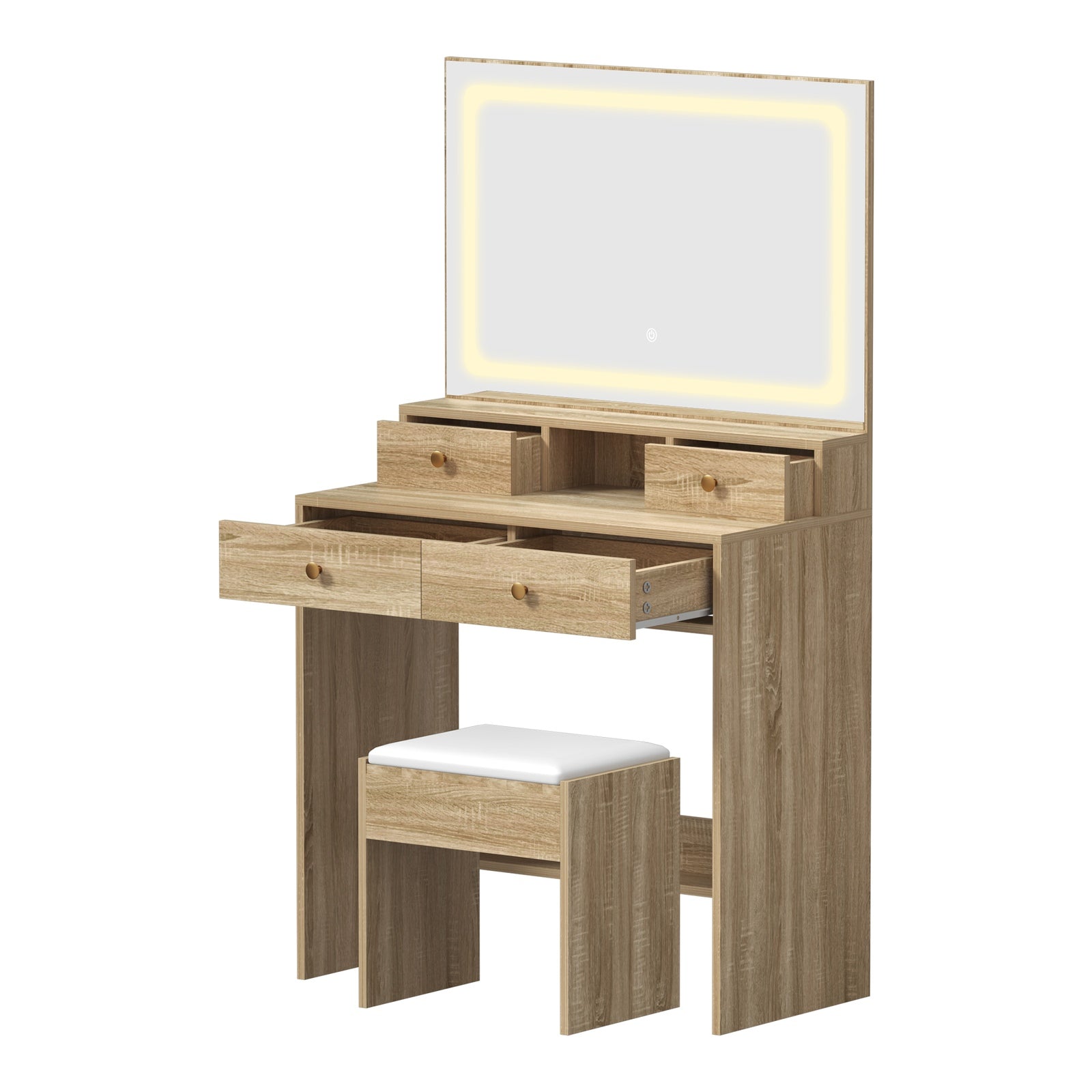 Oikiture Dressing Table Stool Set LED Mirror Vanity Desk with Drawers Natural - Sunyee