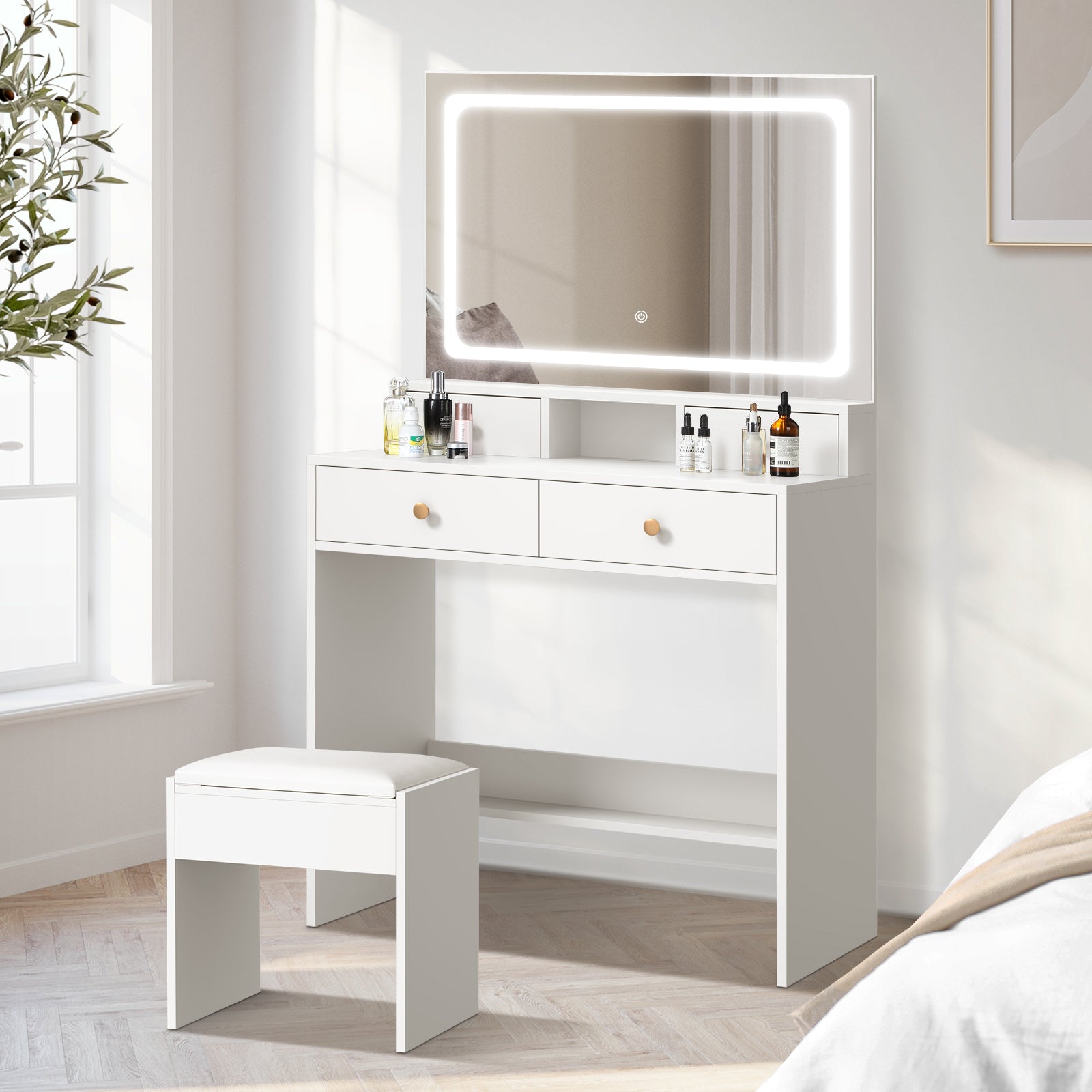 Oikiture Dressing Table Stool Set LED Mirror Vanity Desk with Drawers White - Sunyee