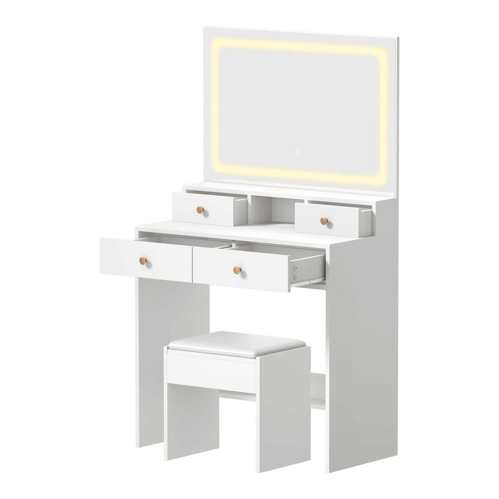 Oikiture Dressing Table Stool Set LED Mirror Vanity Desk with Drawers White - Sunyee