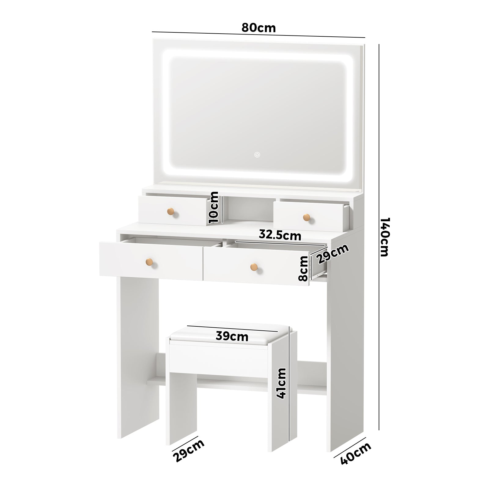 Oikiture Dressing Table Stool Set LED Mirror Vanity Desk with Drawers White - Sunyee