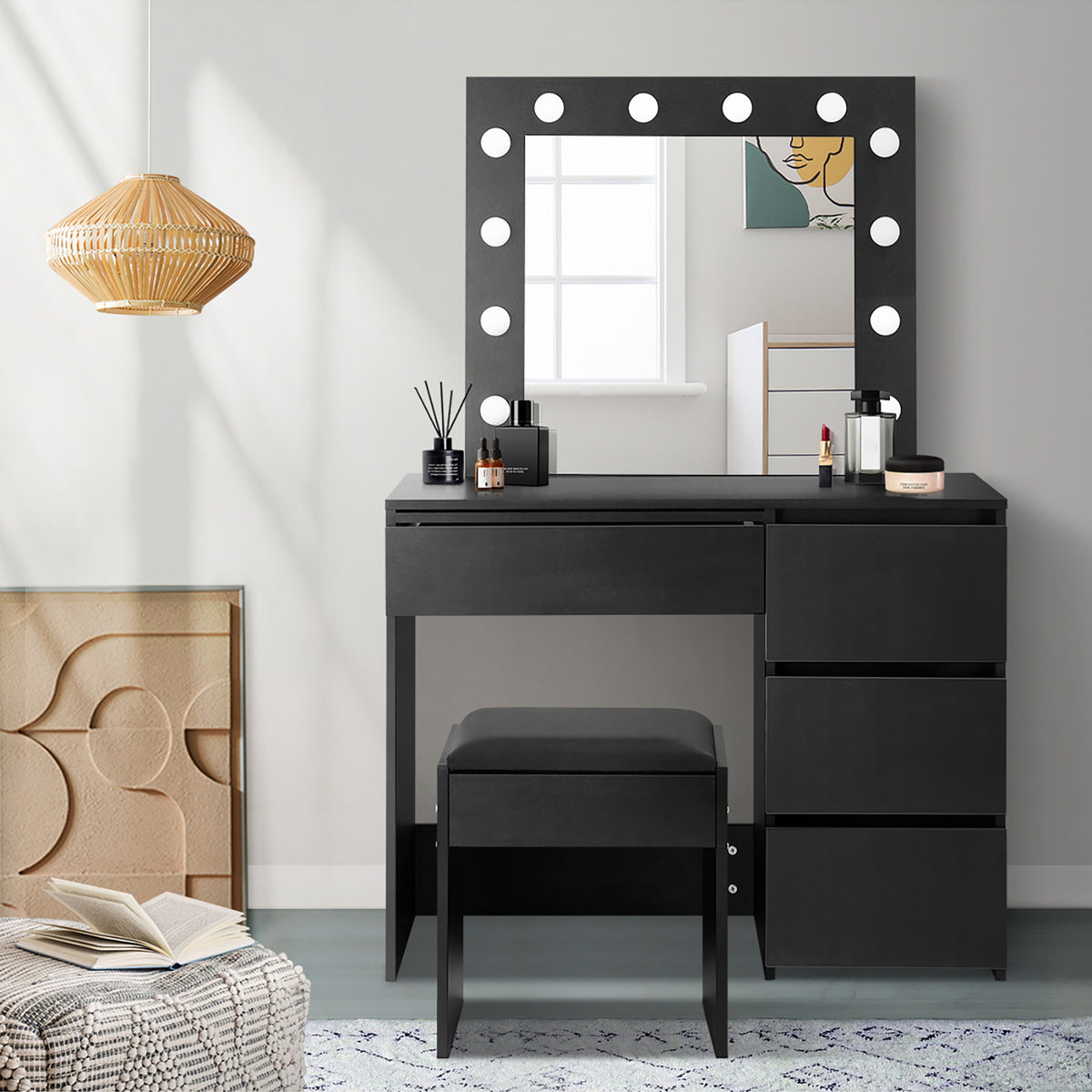 Oikiture Dressing Table Stool Set Makeup Desk Mirror Storage 12 LED Bulbs - Sunyee