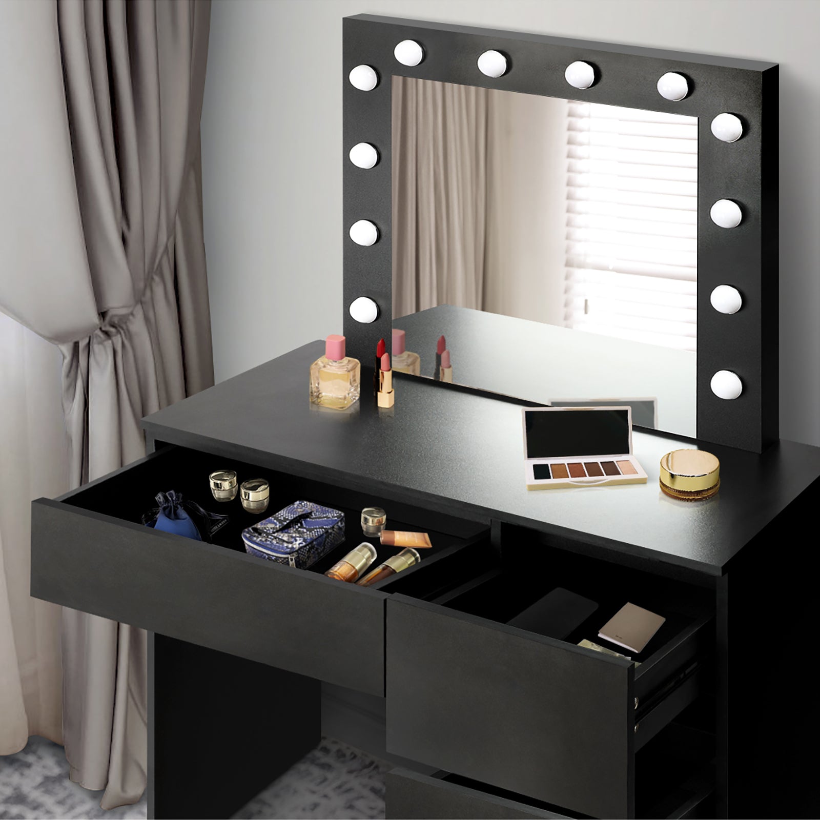 Oikiture Dressing Table Stool Set Makeup Desk Mirror Storage Drawer 12 LED Bulbs - Sunyee