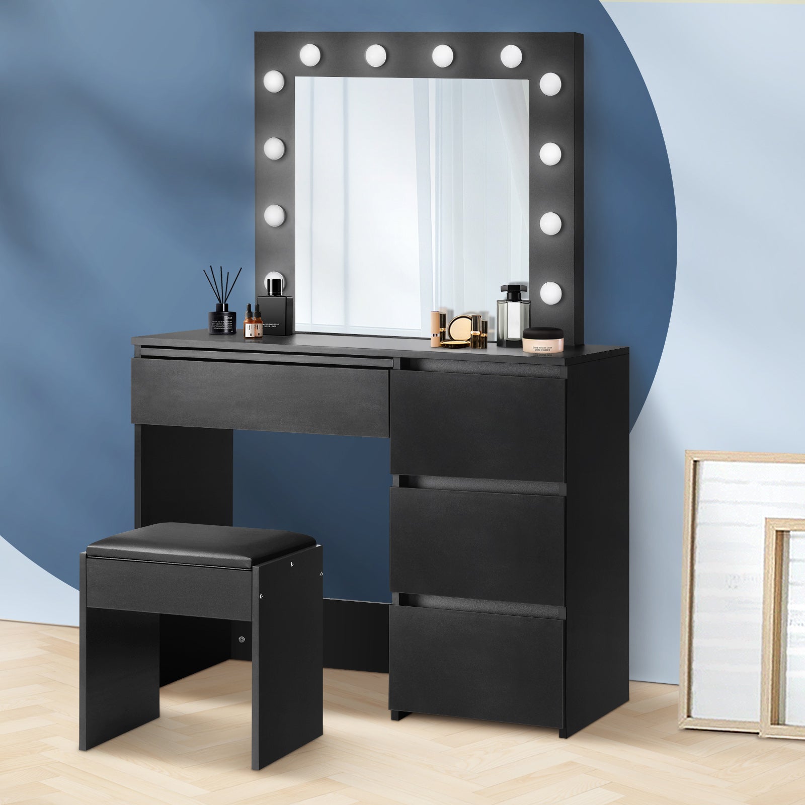 Oikiture Dressing Table Stool Set Makeup Desk Mirror Storage Drawer 12 LED Bulbs - Sunyee