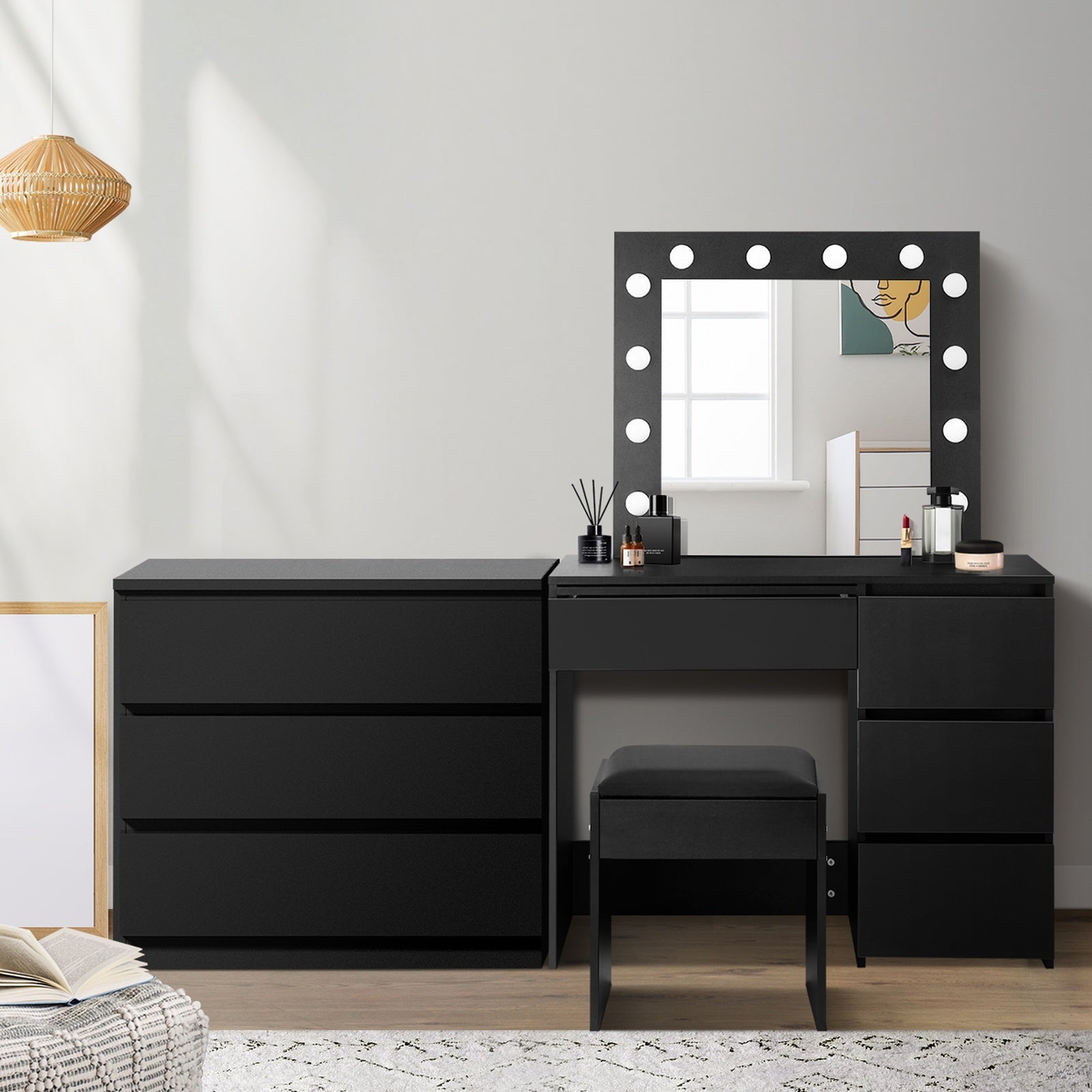 Oikiture Dressing Table Stool Set Makeup Mirror Desk 7 Drawers LED Black - Sunyee