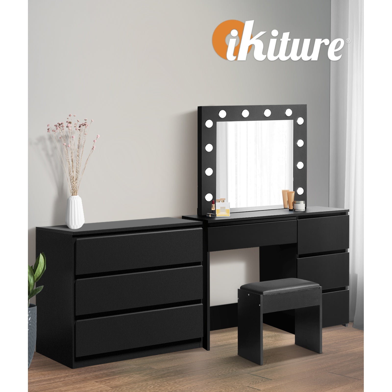 Oikiture Dressing Table Stool Set Makeup Mirror Desk 7 Drawers LED Black - Sunyee