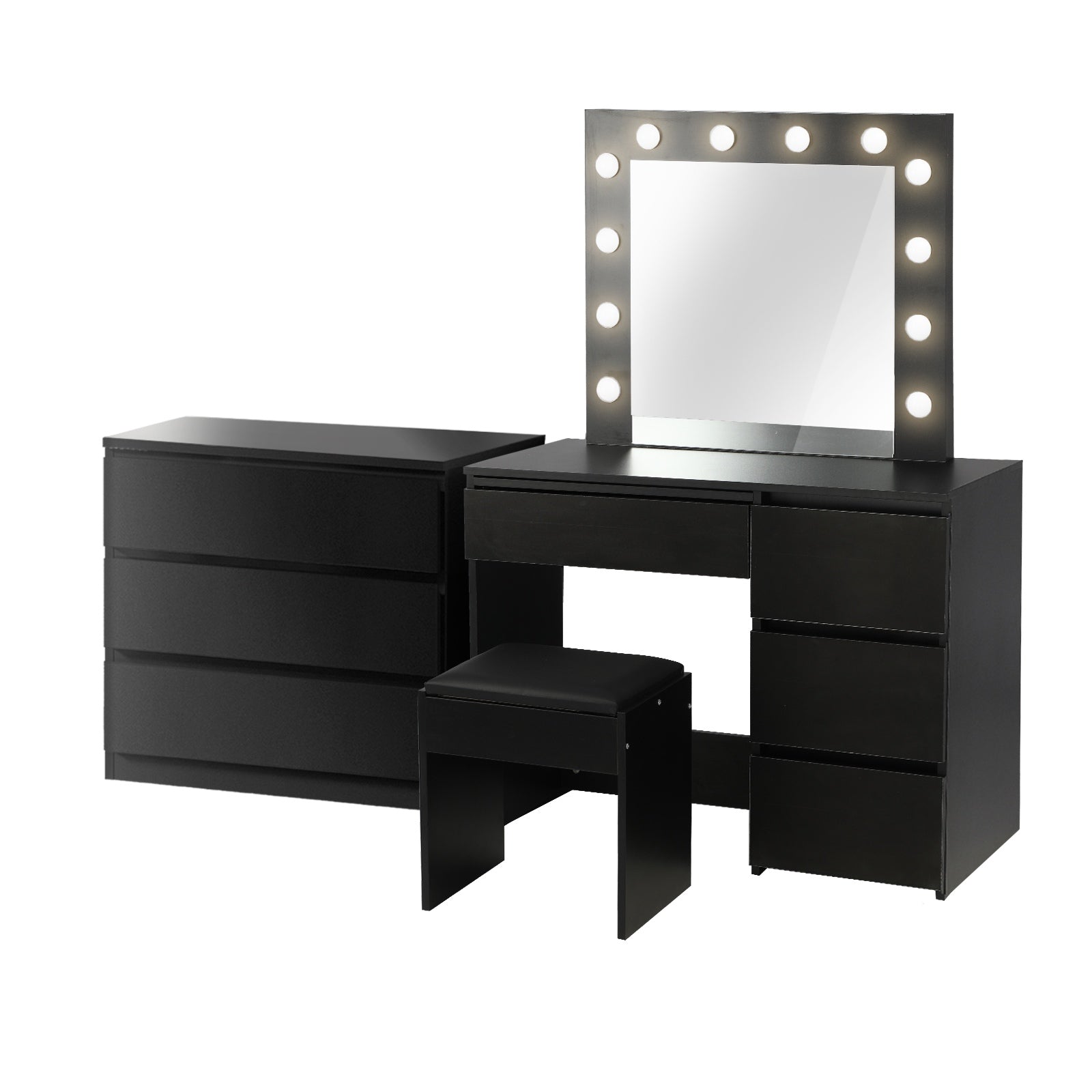 Oikiture Dressing Table Stool Set Makeup Mirror Desk 7 Drawers LED Black - Sunyee