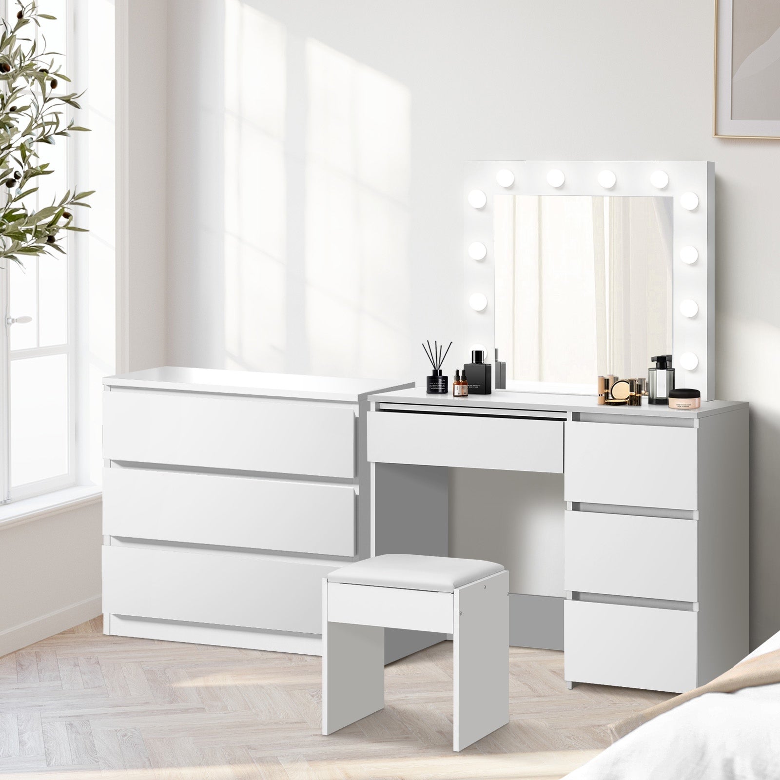 Oikiture Dressing Table Stool Set Makeup Mirror Desk 7 Drawers LED White - Sunyee
