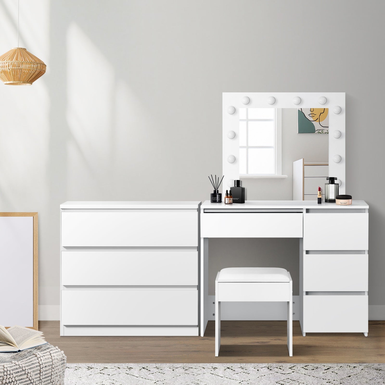 Oikiture Dressing Table Stool Set Makeup Mirror Desk 7 Drawers LED White - Sunyee