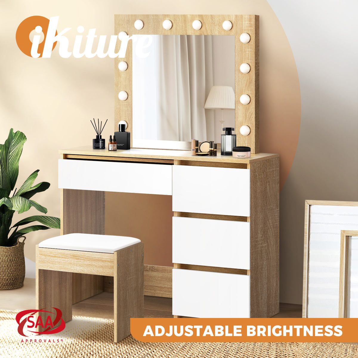 Oikiture Dressing Table Stool Set Makeup Desk Mirror Storage 12 LED Bulbs - Sunyee