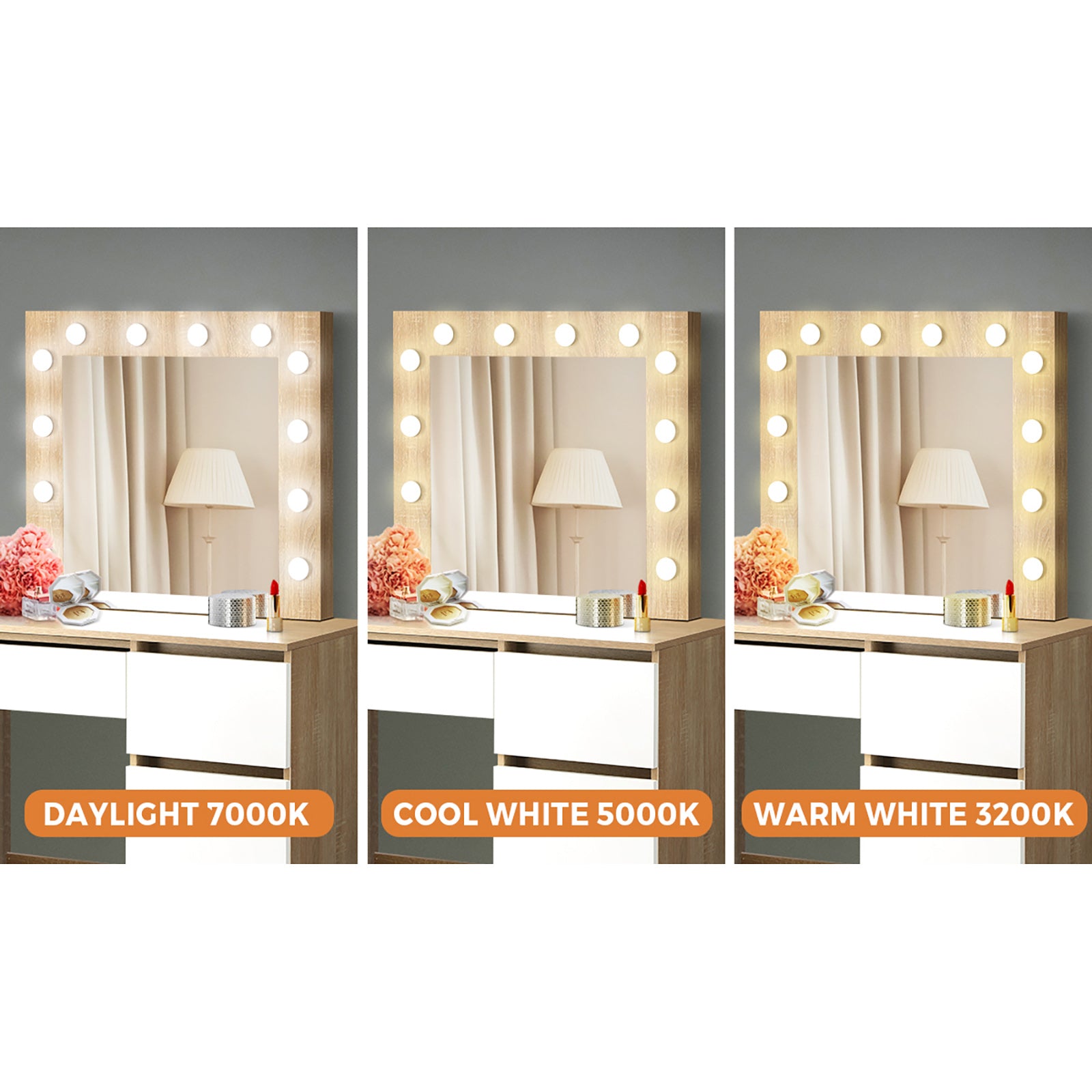 Oikiture Dressing Table Stool Set Makeup Desk Mirror Storage Drawer 12 LED Bulbs - Sunyee
