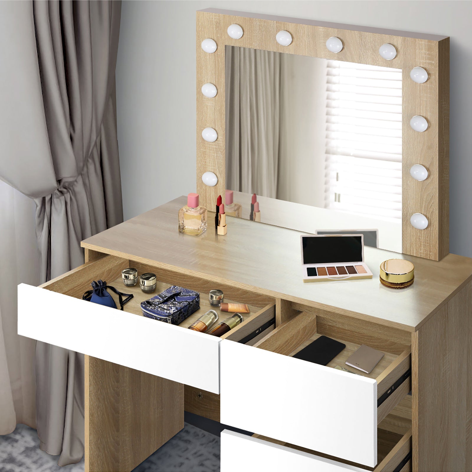 Oikiture Dressing Table Stool Set Makeup Desk Mirror Storage Drawer 12 LED Bulbs - Sunyee