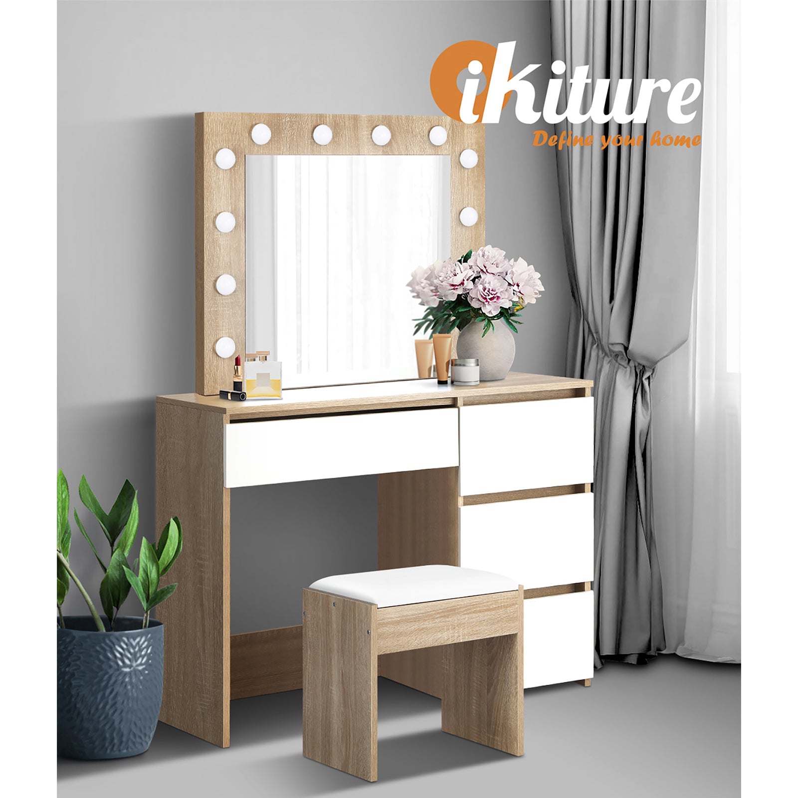 Oikiture Dressing Table Stool Set Makeup Desk Mirror Storage Drawer 12 LED Bulbs - Sunyee