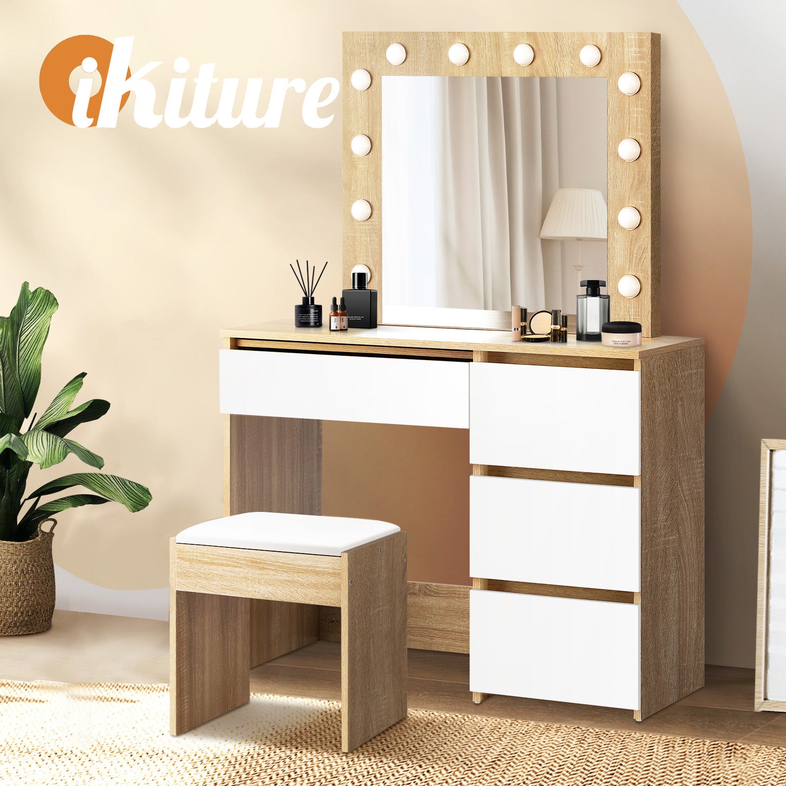 Oikiture Dressing Table Stool Set Makeup Desk Mirror Storage Drawer 12 LED Bulbs - Sunyee