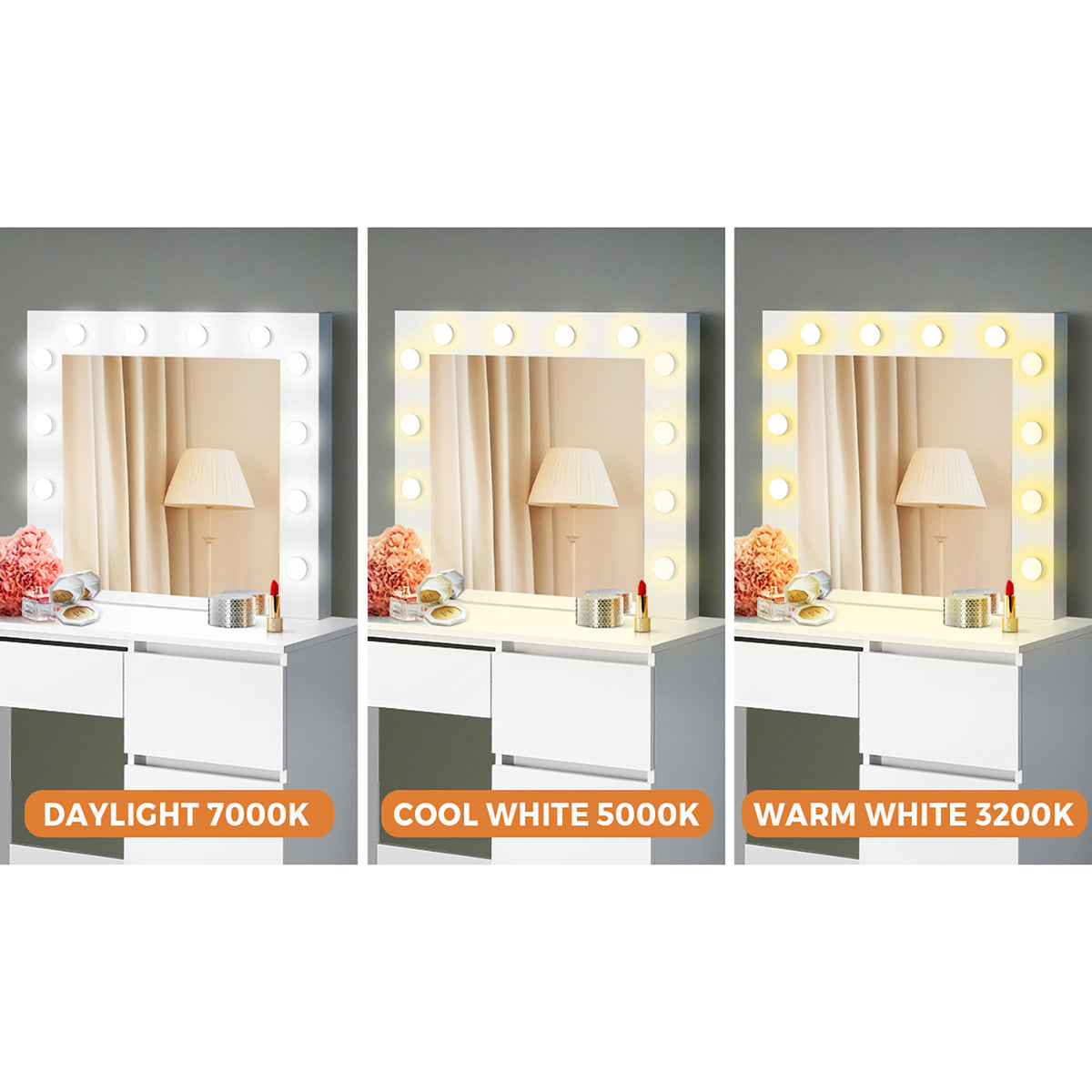 Oikiture Dressing Table Stool Set Makeup Desk Mirror Storage 12 LED Bulbs - Sunyee