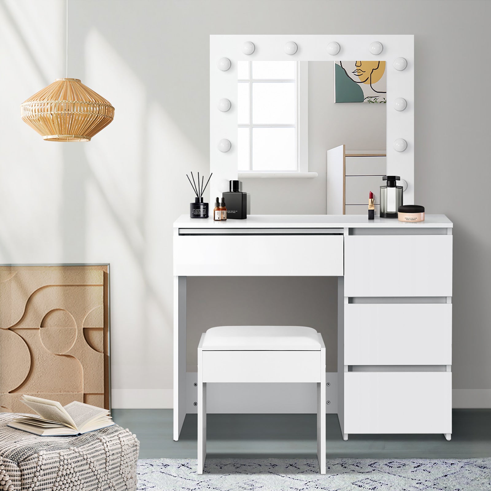 Oikiture Dressing Table Stool Set Makeup Desk Mirror Storage Drawer 12 LED Bulbs - Sunyee