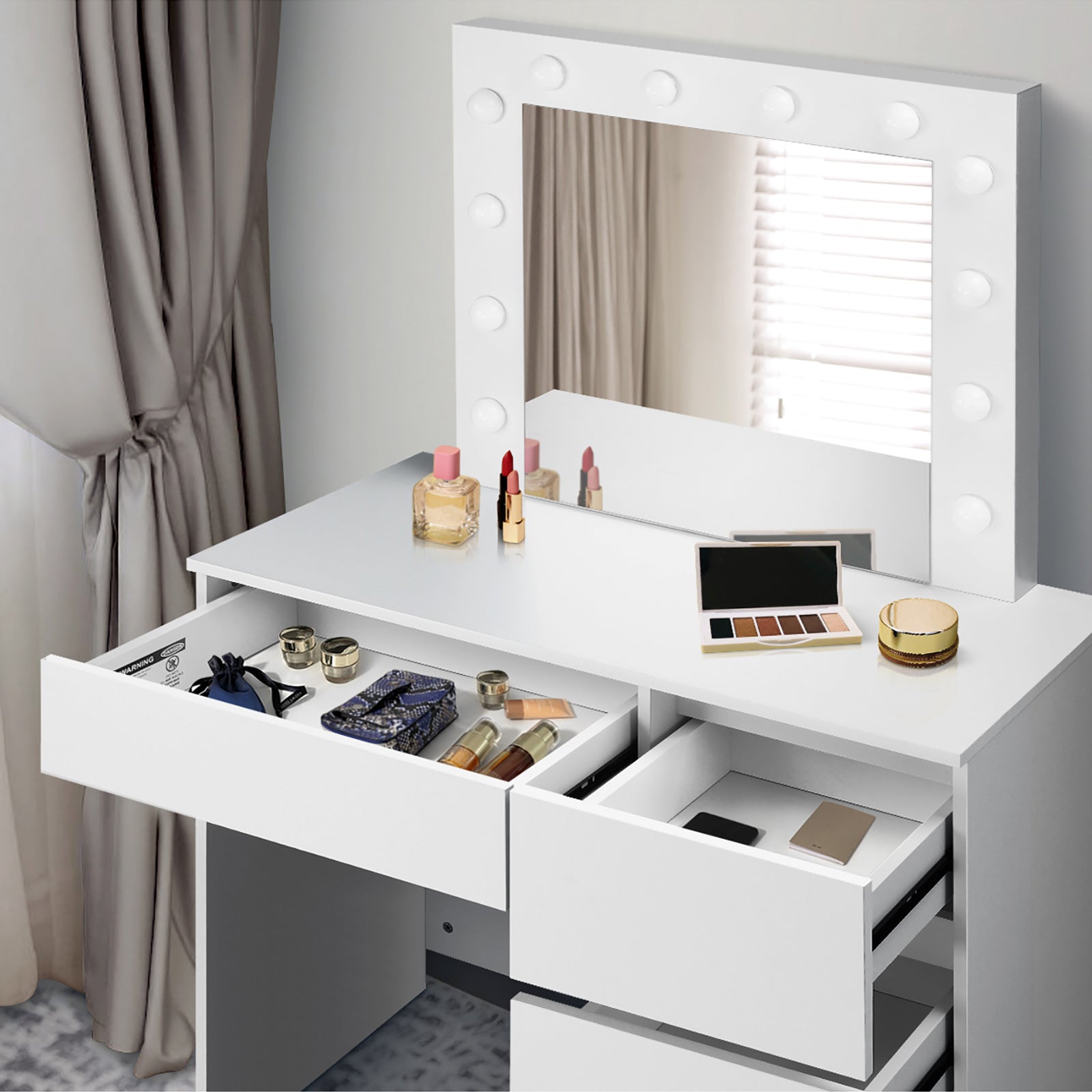 Oikiture Dressing Table Stool Set Makeup Desk Mirror Storage Drawer 12 LED Bulbs - Sunyee