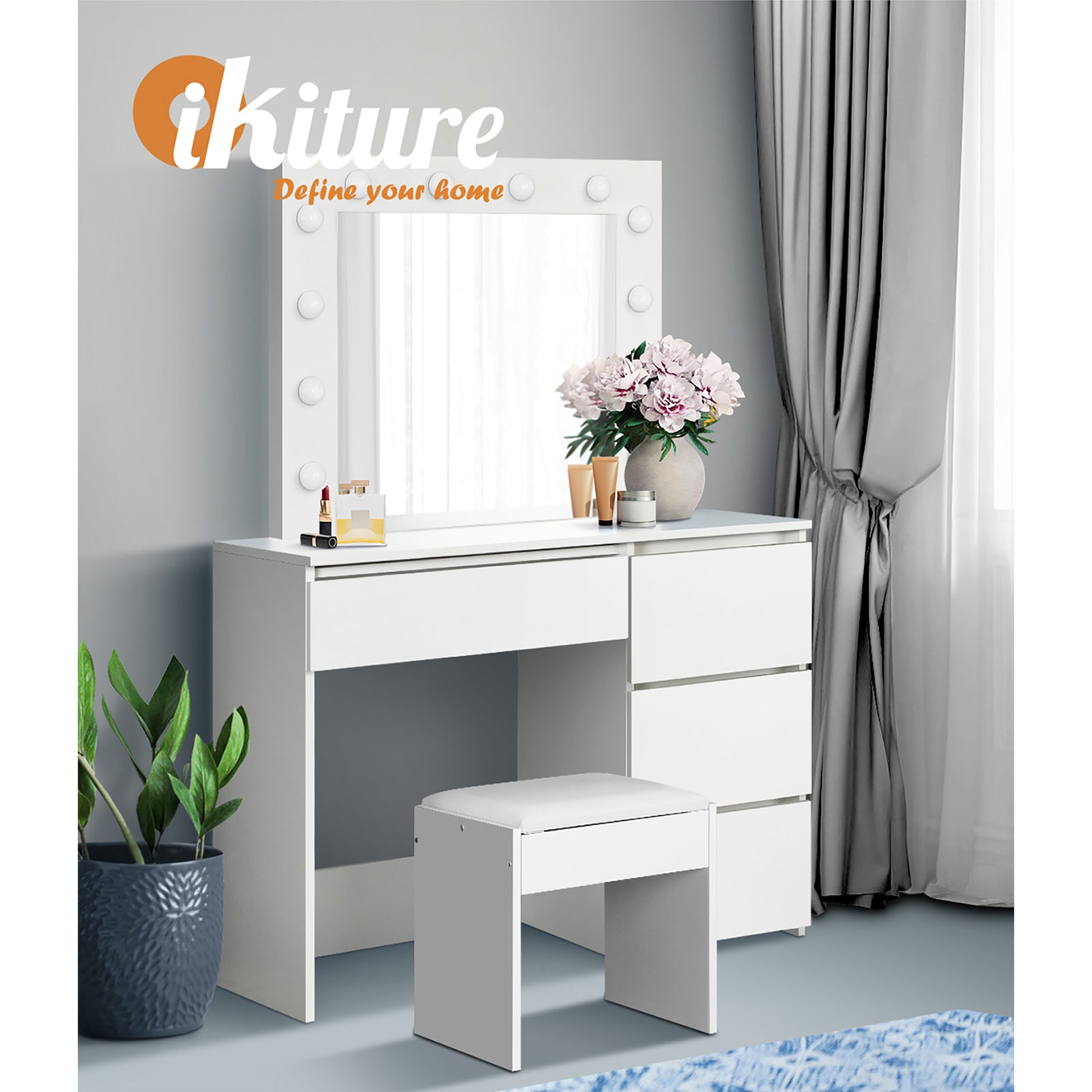 Oikiture Dressing Table Stool Set Makeup Desk Mirror Storage Drawer 12 LED Bulbs - Sunyee