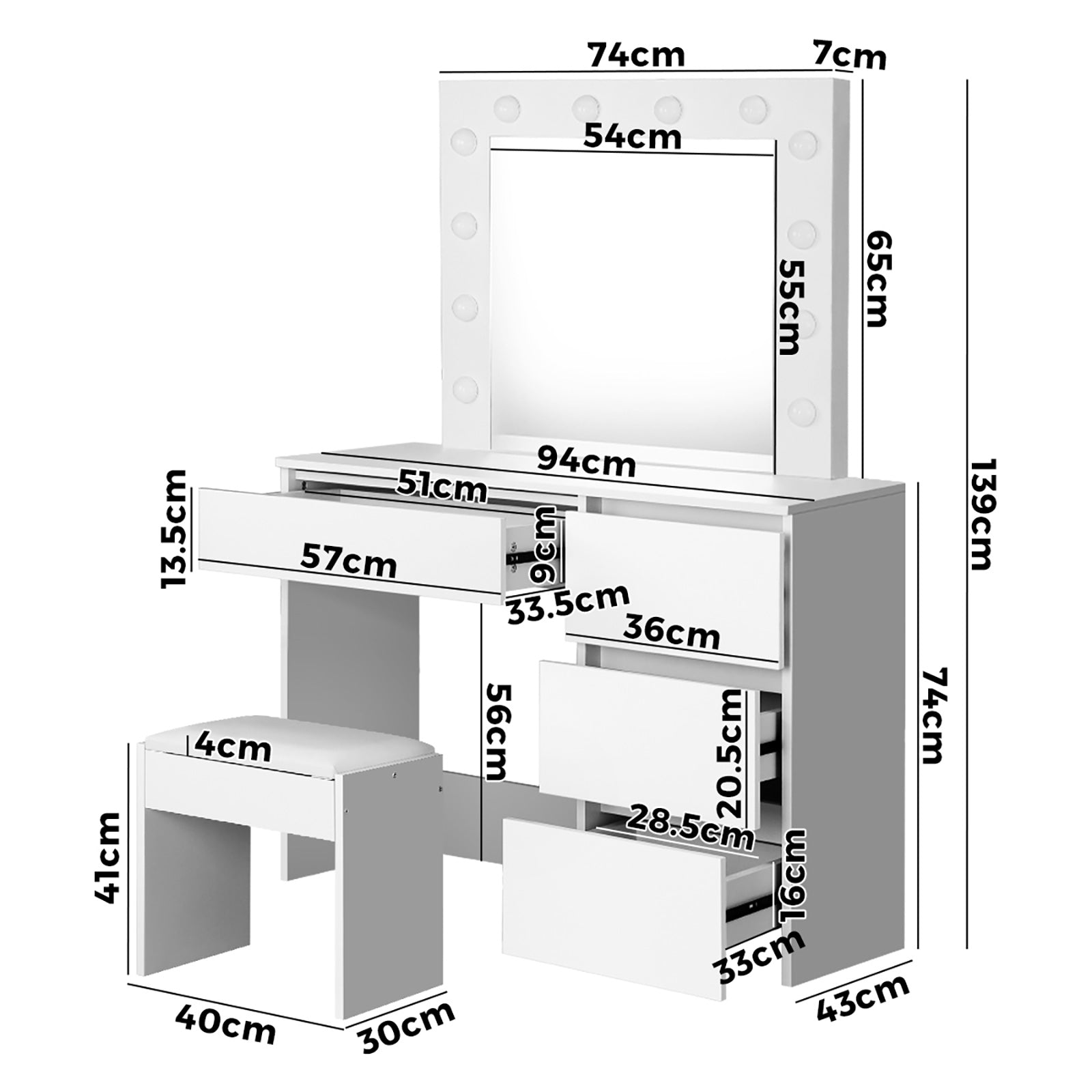 Oikiture Dressing Table Stool Set Makeup Desk Mirror Storage Drawer 12 LED Bulbs - Sunyee
