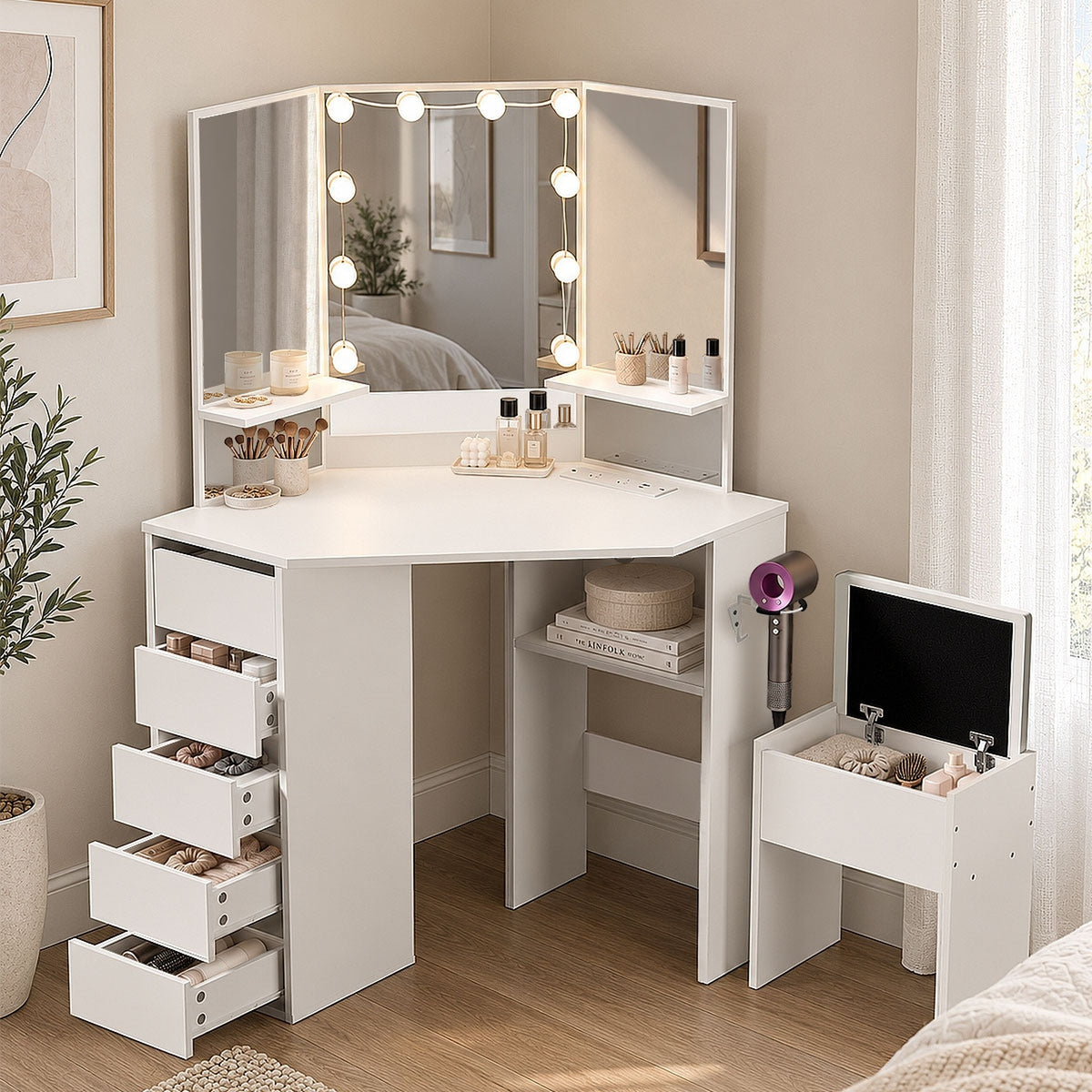 Oikiture Corner Dressing Table Set Tri-fold Mirror LED Drawers Storage White