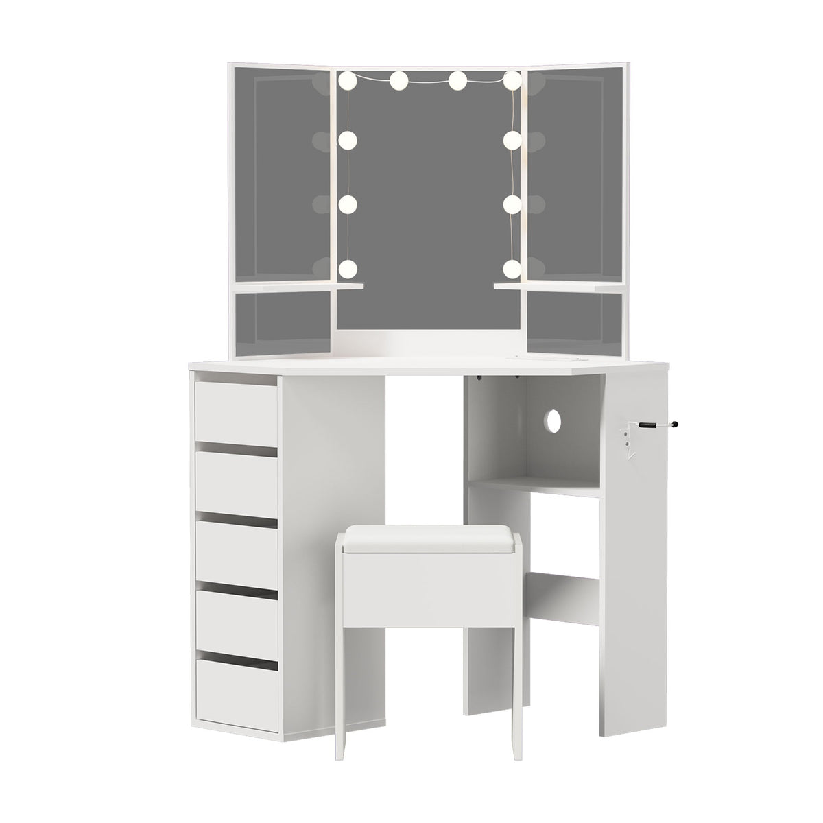 Oikiture Corner Dressing Table Set Tri-fold Mirror LED Drawers Storage White