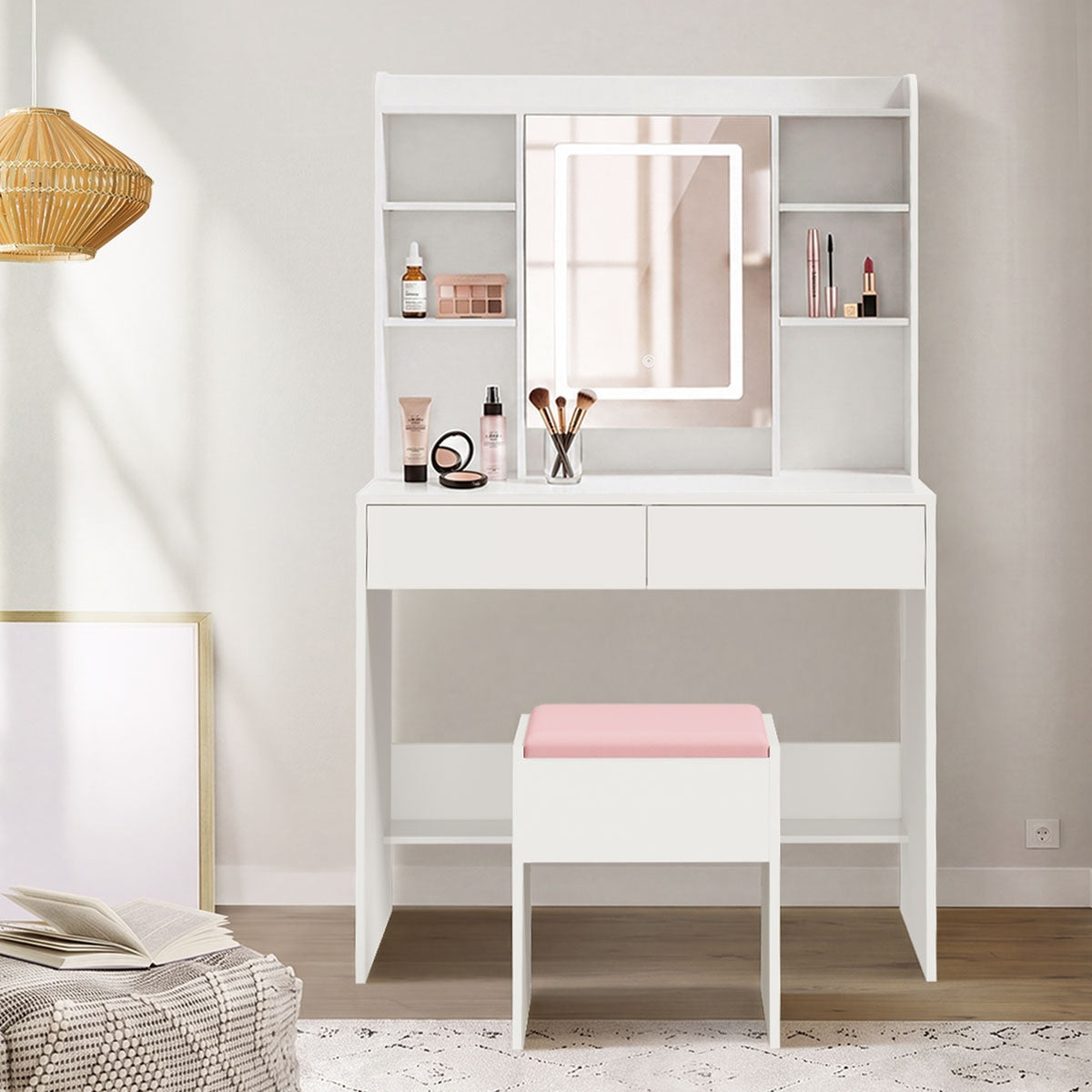 Oikiture Dressing Table Set Touch Control LED Mirror with Charging Station White