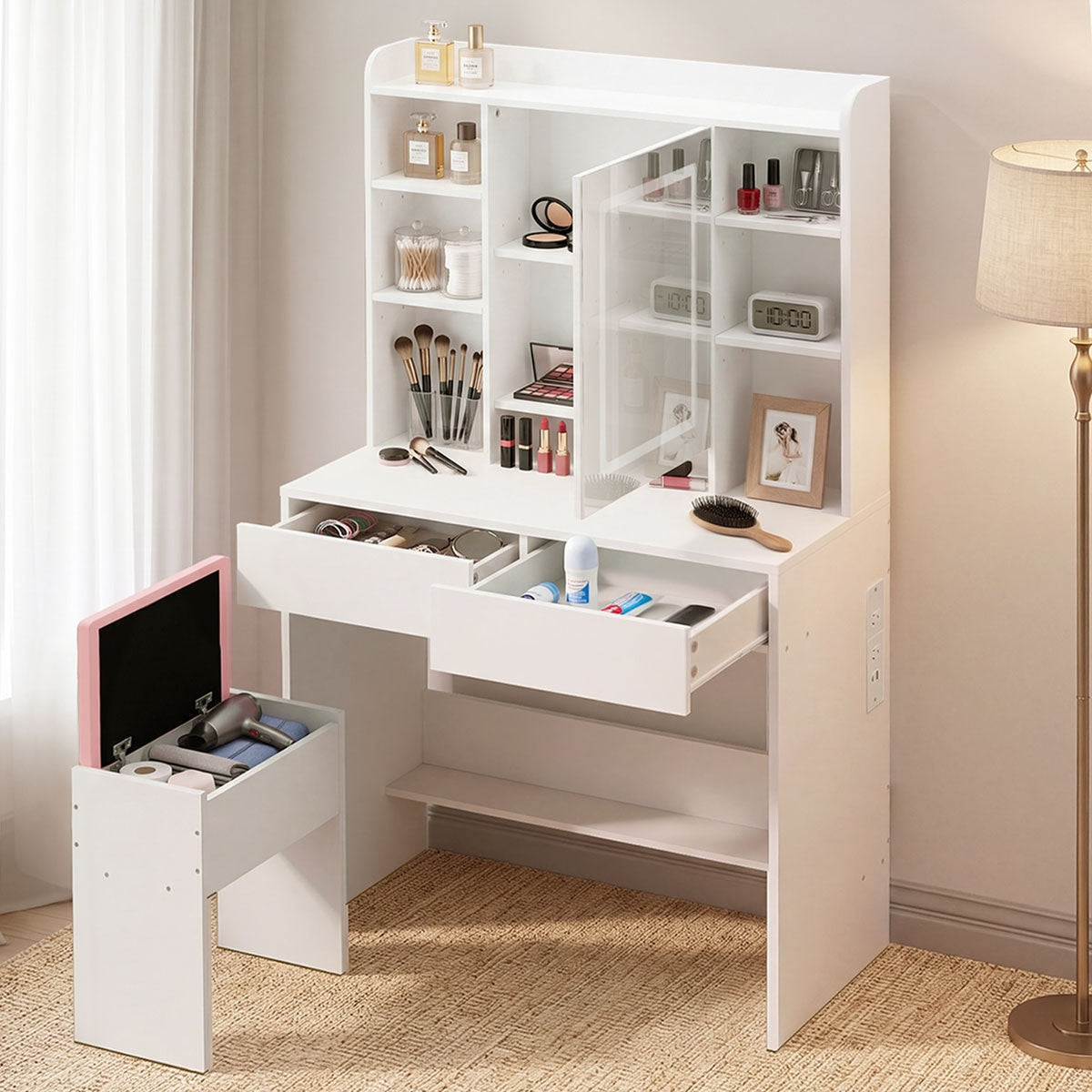 Oikiture Dressing Table Set Touch Control LED Mirror with Charging Station White
