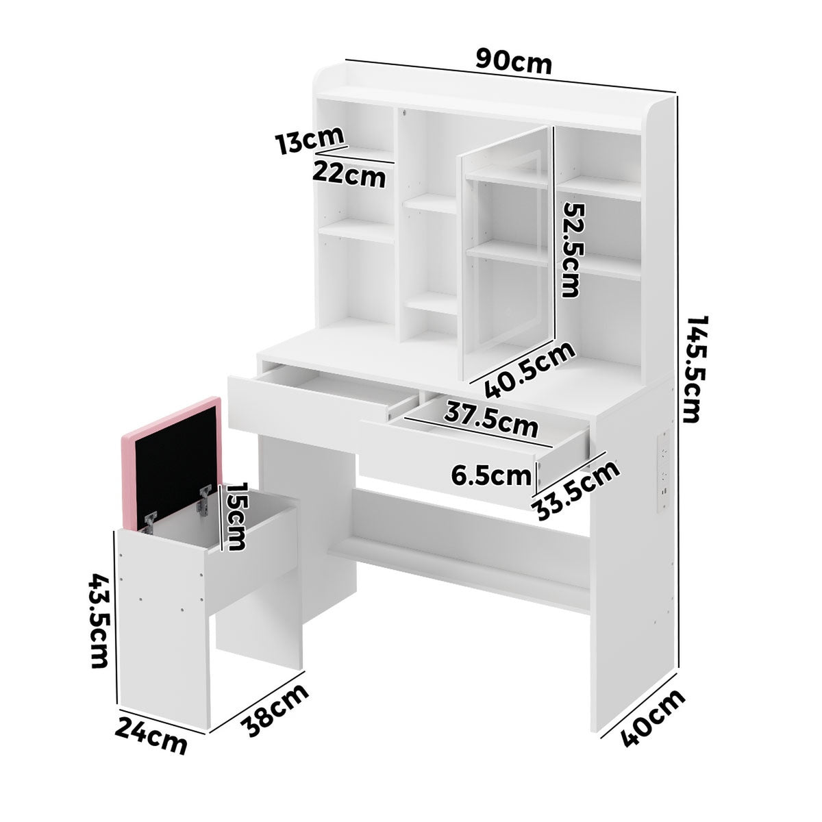 Oikiture Dressing Table Set Touch Control LED Mirror with Charging Station White