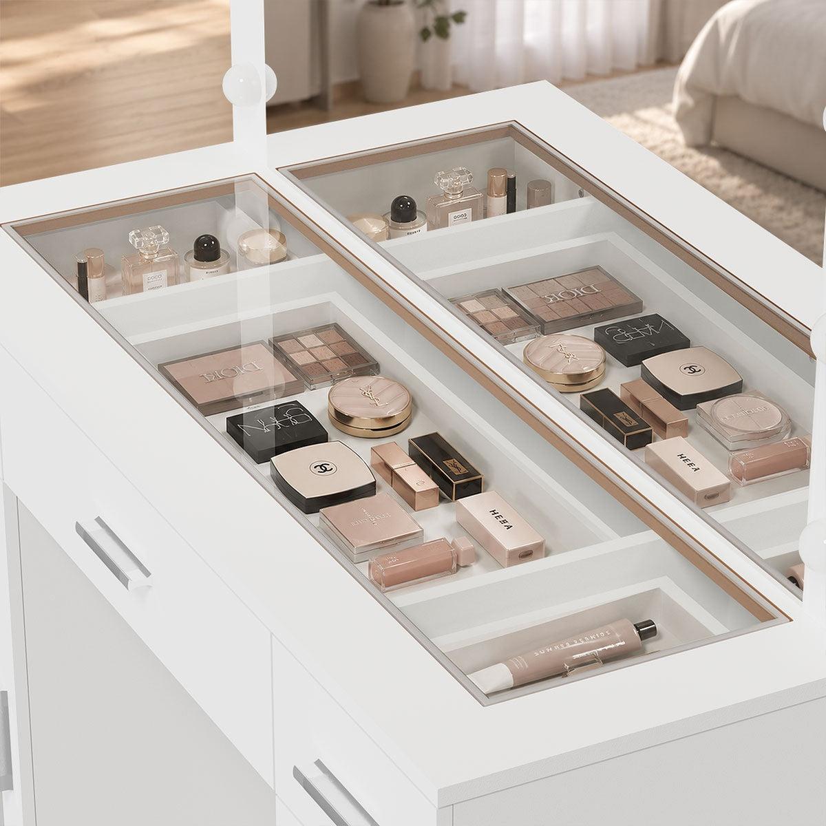 Oikiture Dressing Table Set 11 LED Bulbs Glass Tabletop Shelves & Drawers White
