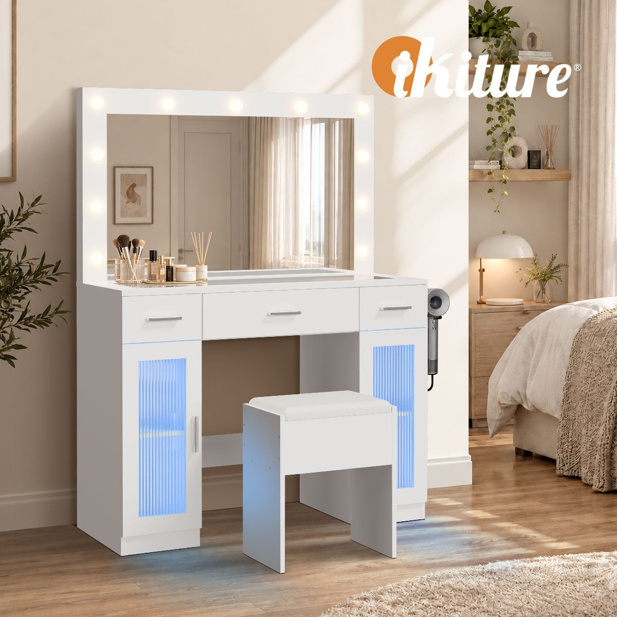 Oikiture Dressing Table Set 11 LED Bulbs Glass Tabletop Shelves & Drawers White