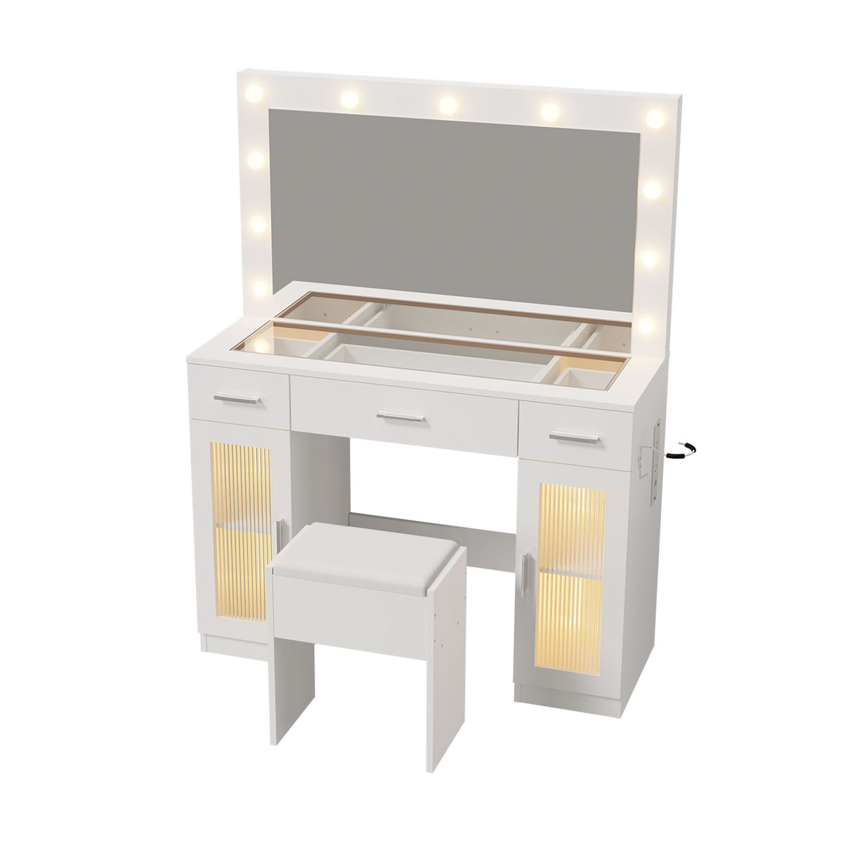 Oikiture Dressing Table Set 11 LED Bulbs Glass Tabletop Shelves & Drawers White