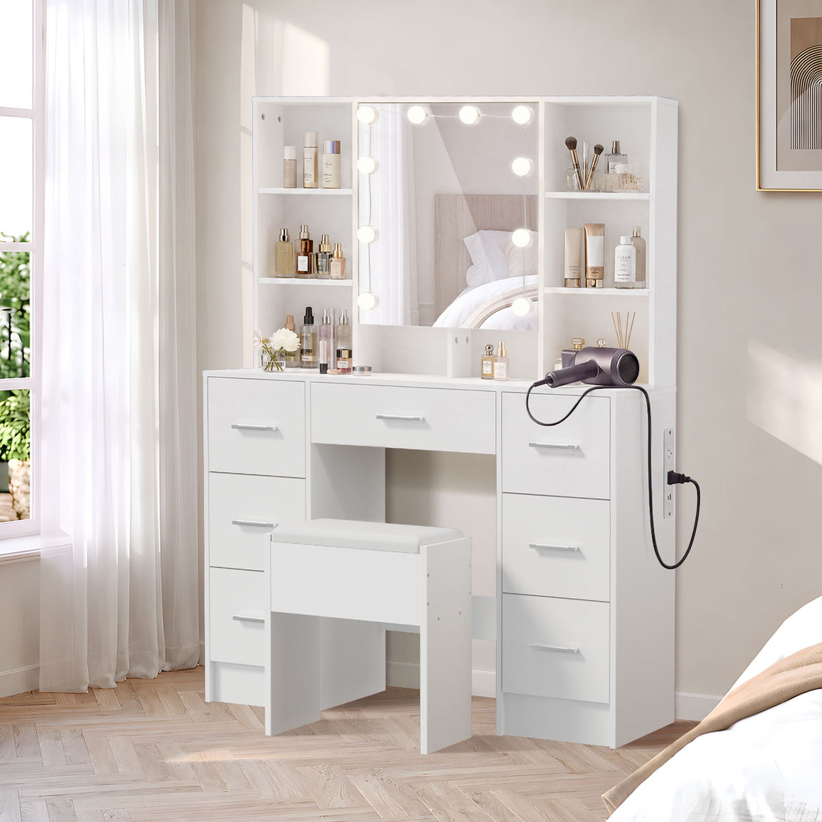 Oikiture Dressing Table Set 10 LED Bulbs Shelves 7 Drawers Vanity Desk White