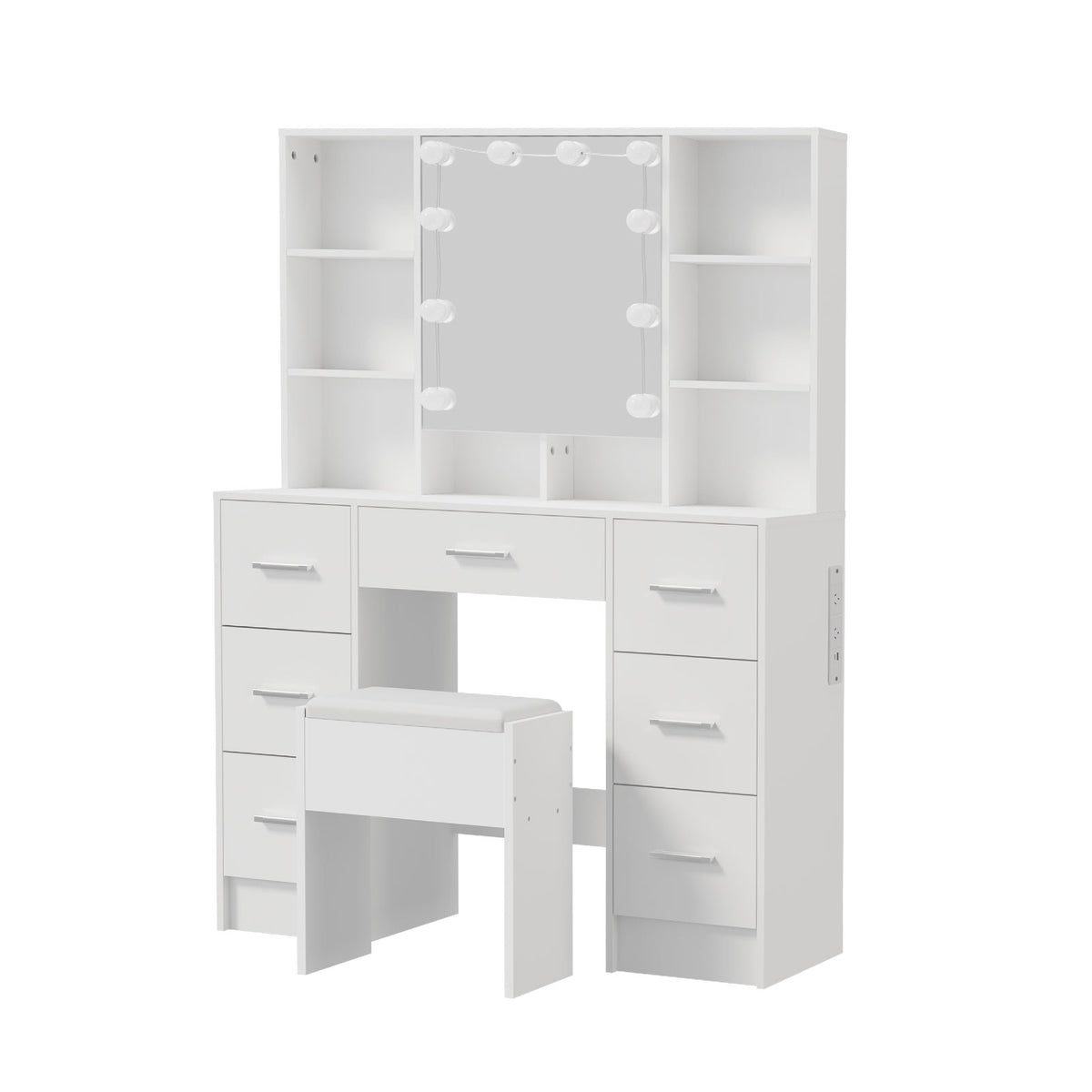 Oikiture Dressing Table Set 10 LED Bulbs Shelves 7 Drawers Vanity Desk White
