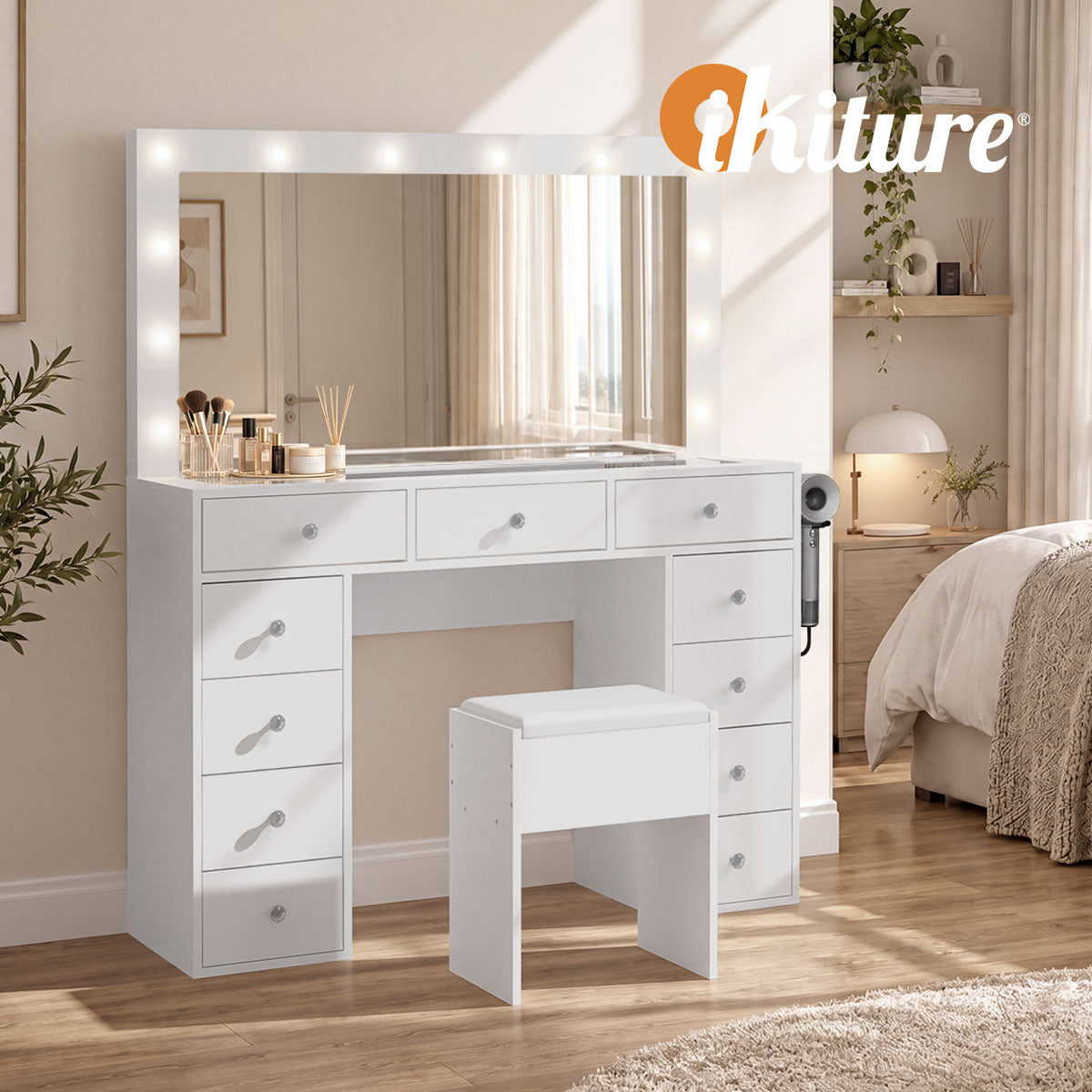 Oikiture Dressing Table Set LED Lights Glass Tabletop 11 Drawers White