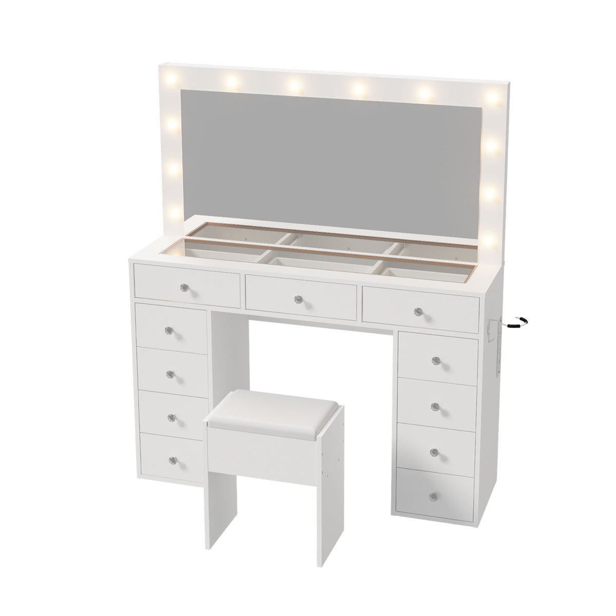 Oikiture Dressing Table Set LED Lights Glass Tabletop 11 Drawers White