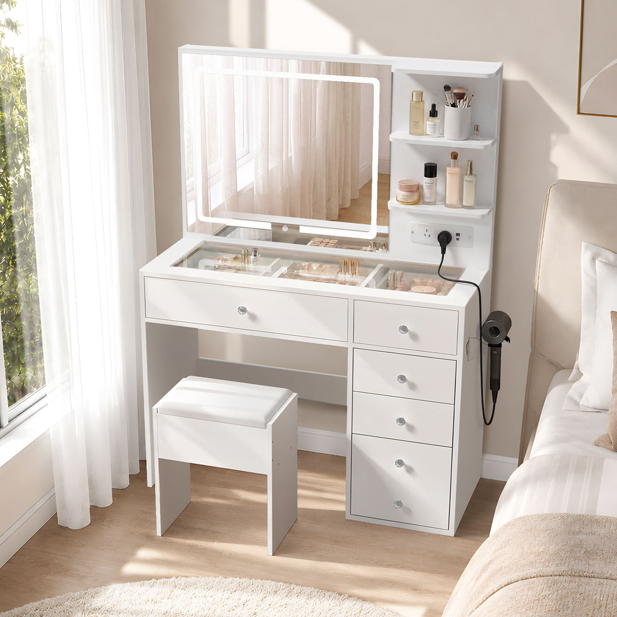 Oikiture Dressing Table Set LED Lights Glass Tabletop 5 Drawers White