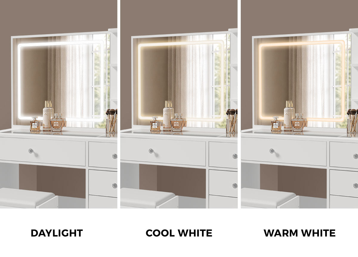 Oikiture Dressing Table Set LED Lights Glass Tabletop 5 Drawers White