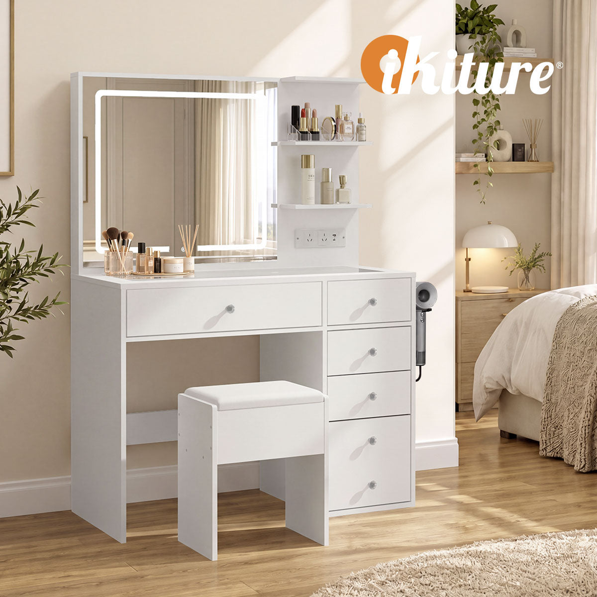 Oikiture Dressing Table Set LED Lights Glass Tabletop 5 Drawers White