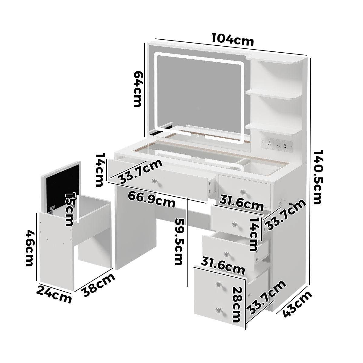 Oikiture Dressing Table Set LED Lights Glass Tabletop 5 Drawers White