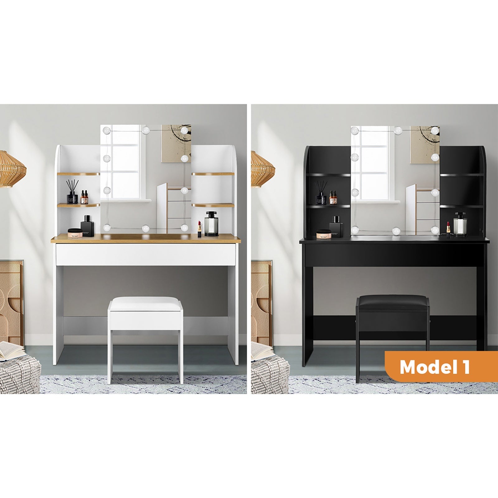 Oikiture Dressing Table Stool Set Makeup Desk Mirror Storage Dresser LED Bulbs