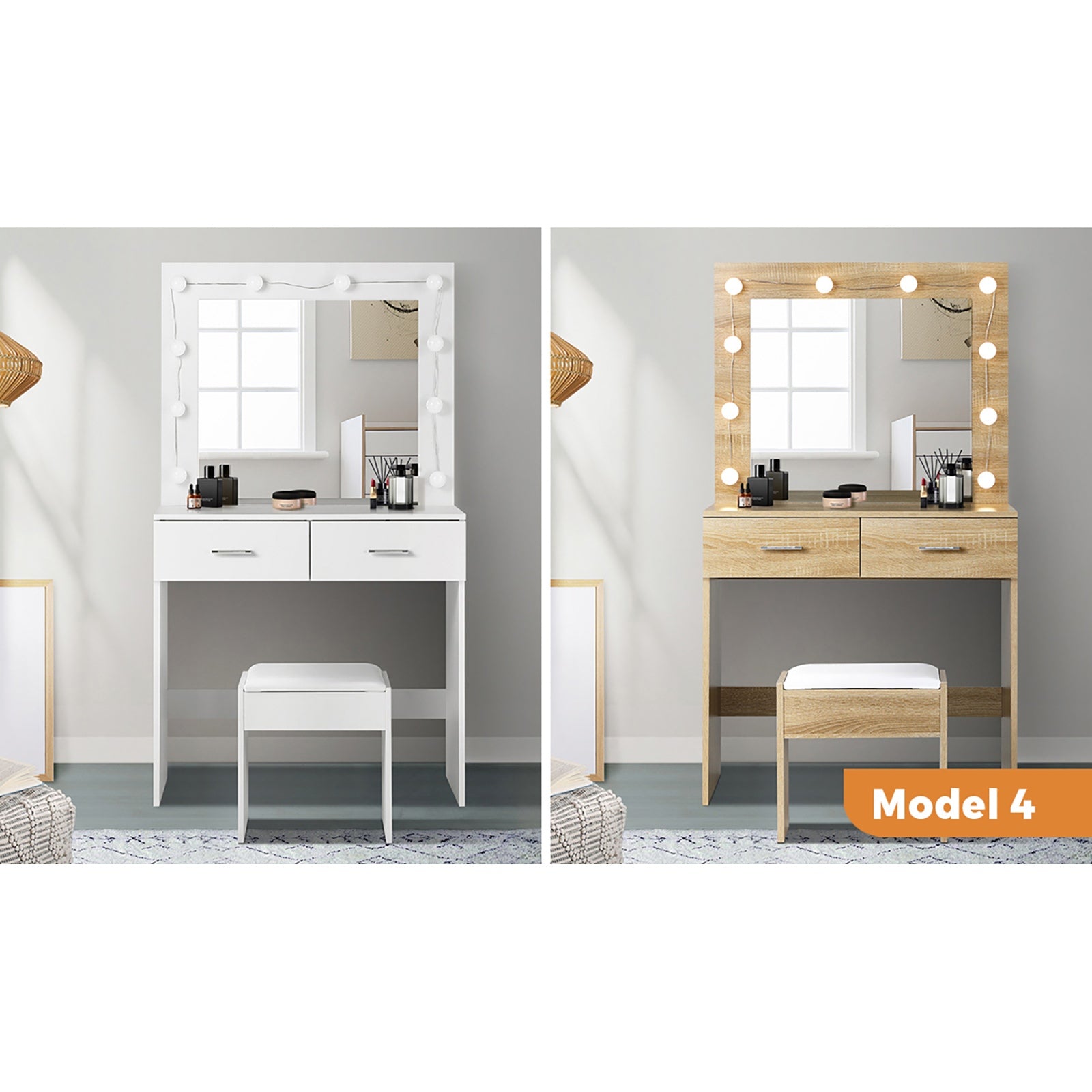 Oikiture Dressing Table Stool Set Makeup Desk Mirror Storage Dresser LED Bulbs
