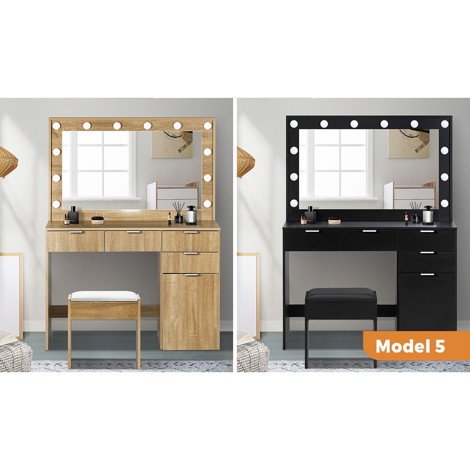 Oikiture Dressing Table Stool Set Makeup Desk Mirror Storage Dresser LED Bulbs