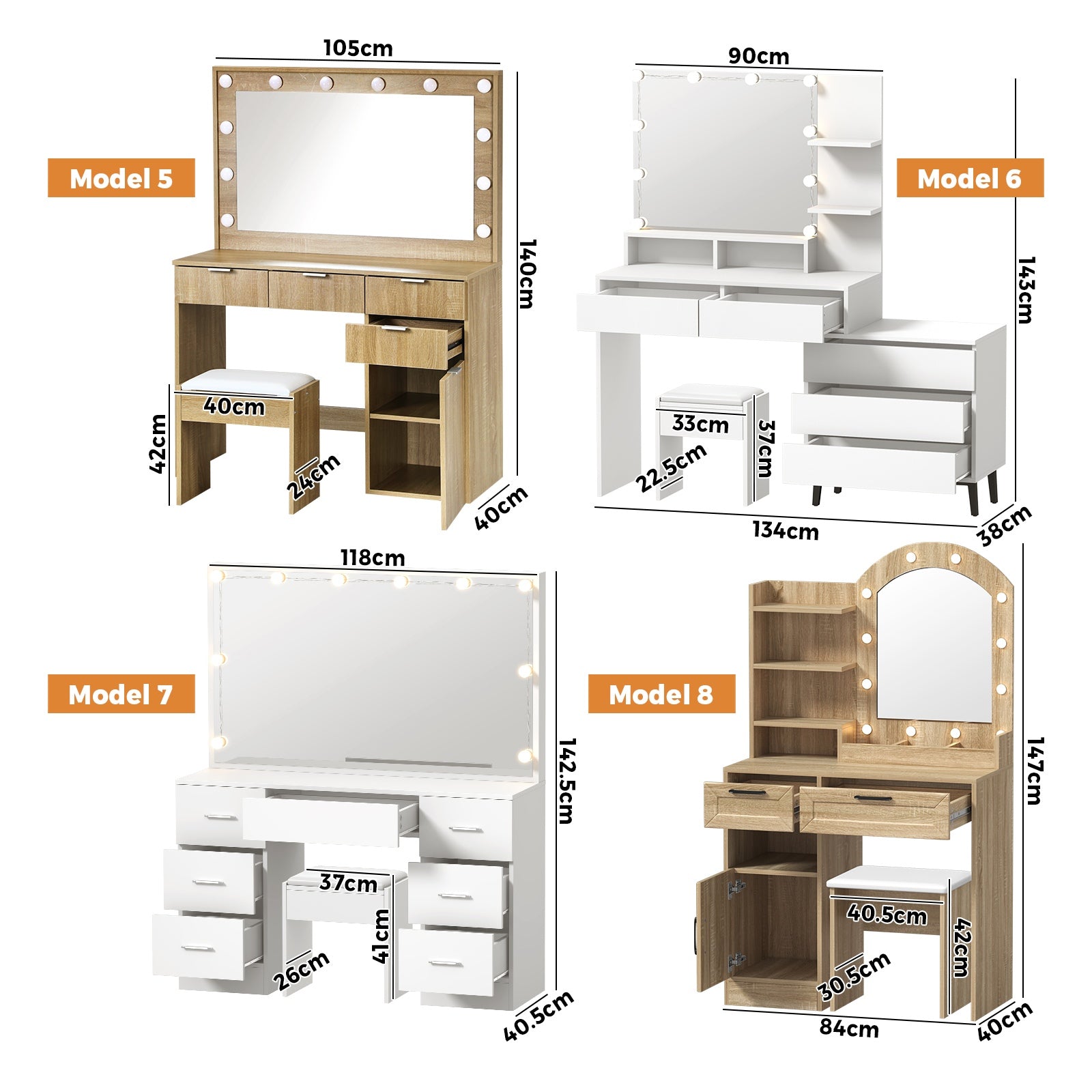 Oikiture Dressing Table Stool Set Makeup Desk Mirror Storage Dresser LED Bulbs