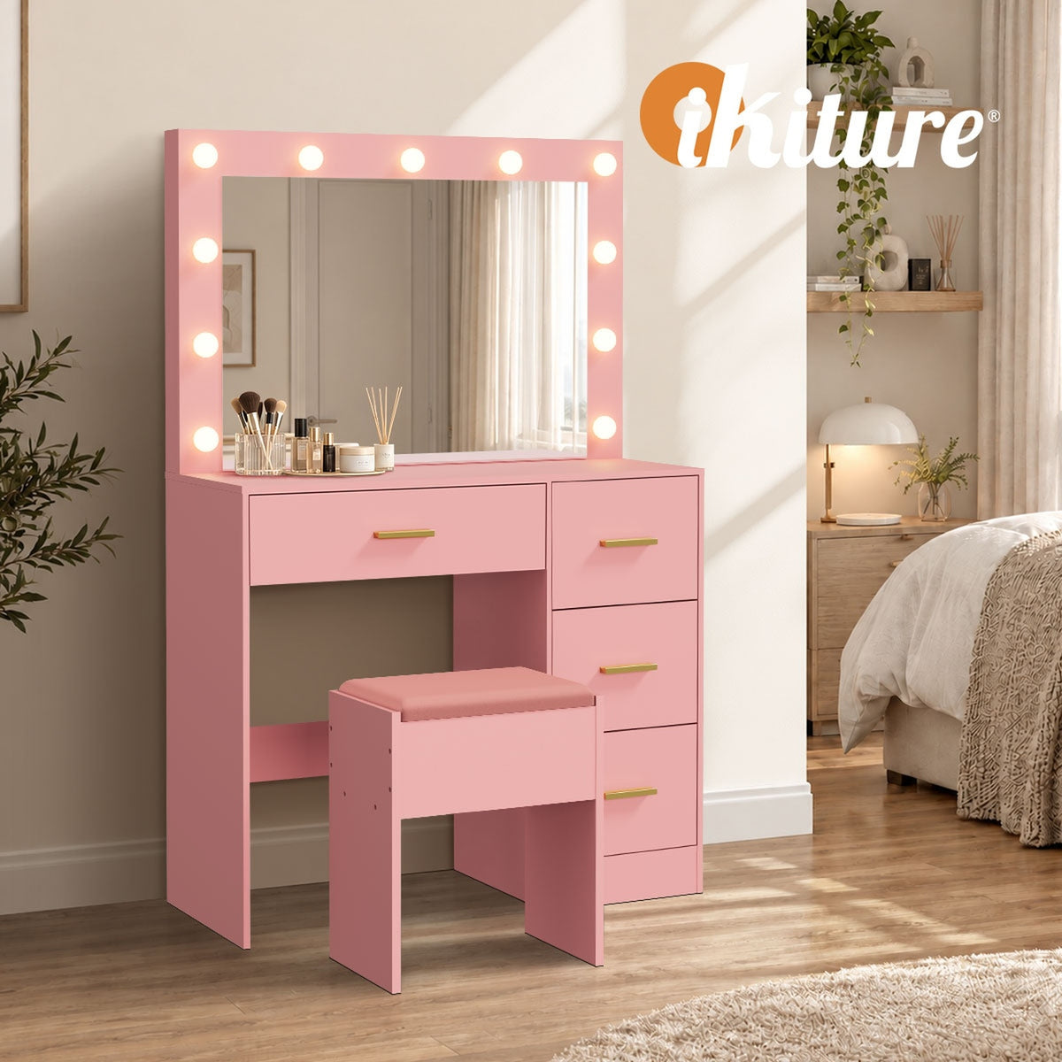 Oikiture Dressing Table Set Stool Storage Makeup LED Lights 4 Drawers Pink