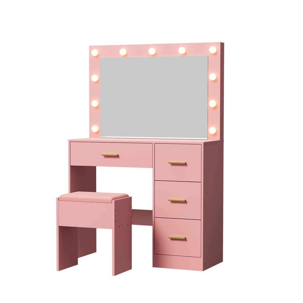 Oikiture Dressing Table Set Stool Storage Makeup LED Lights 4 Drawers Pink