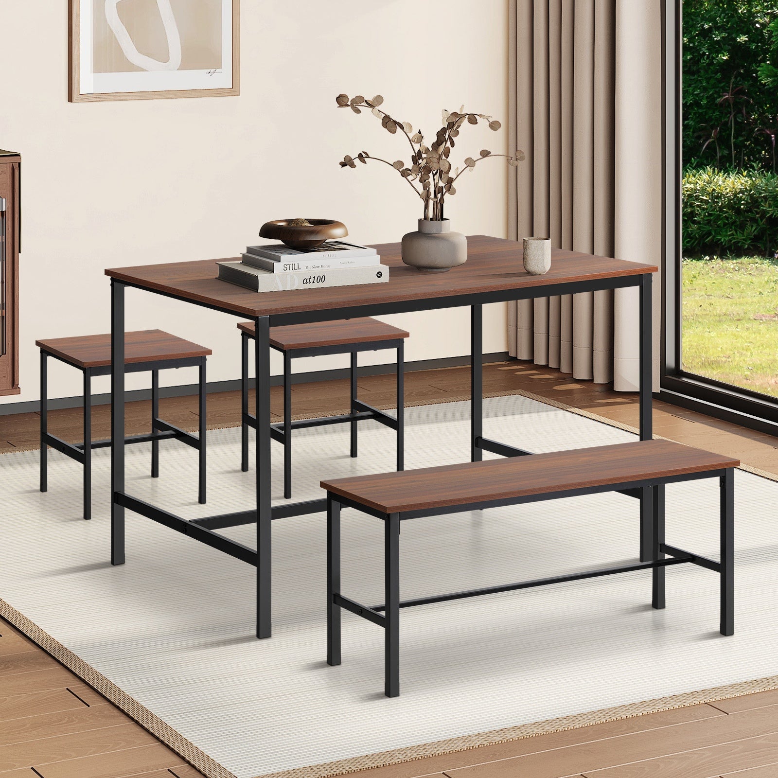 Oikiture Industrial Dining Table 4 Seaters with Kitchen Bench Chairs Natural - Sunyee